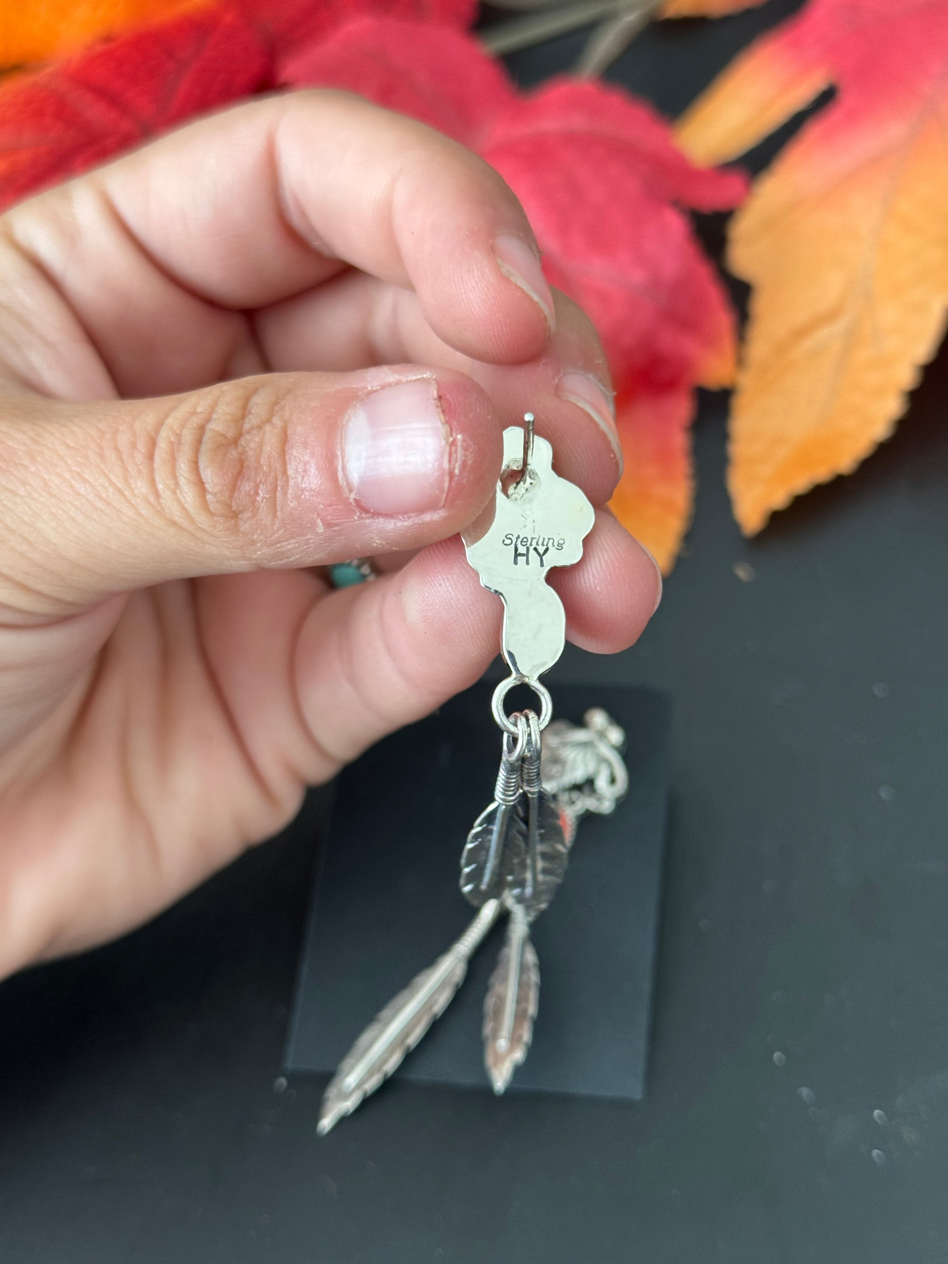 Navajo Made Coral & Sterling Silver Post Dangle  Earrings