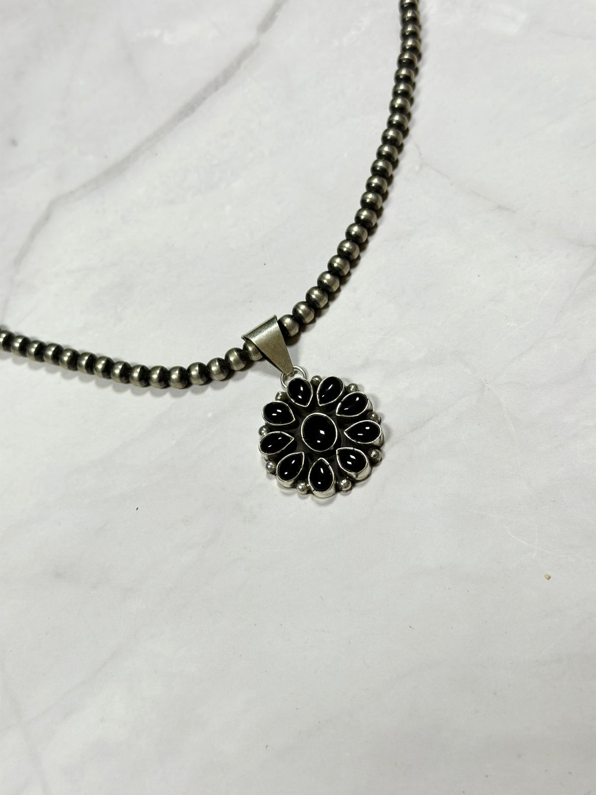Navajo Made Onyx & Sterling Silver Cluster Pendant
