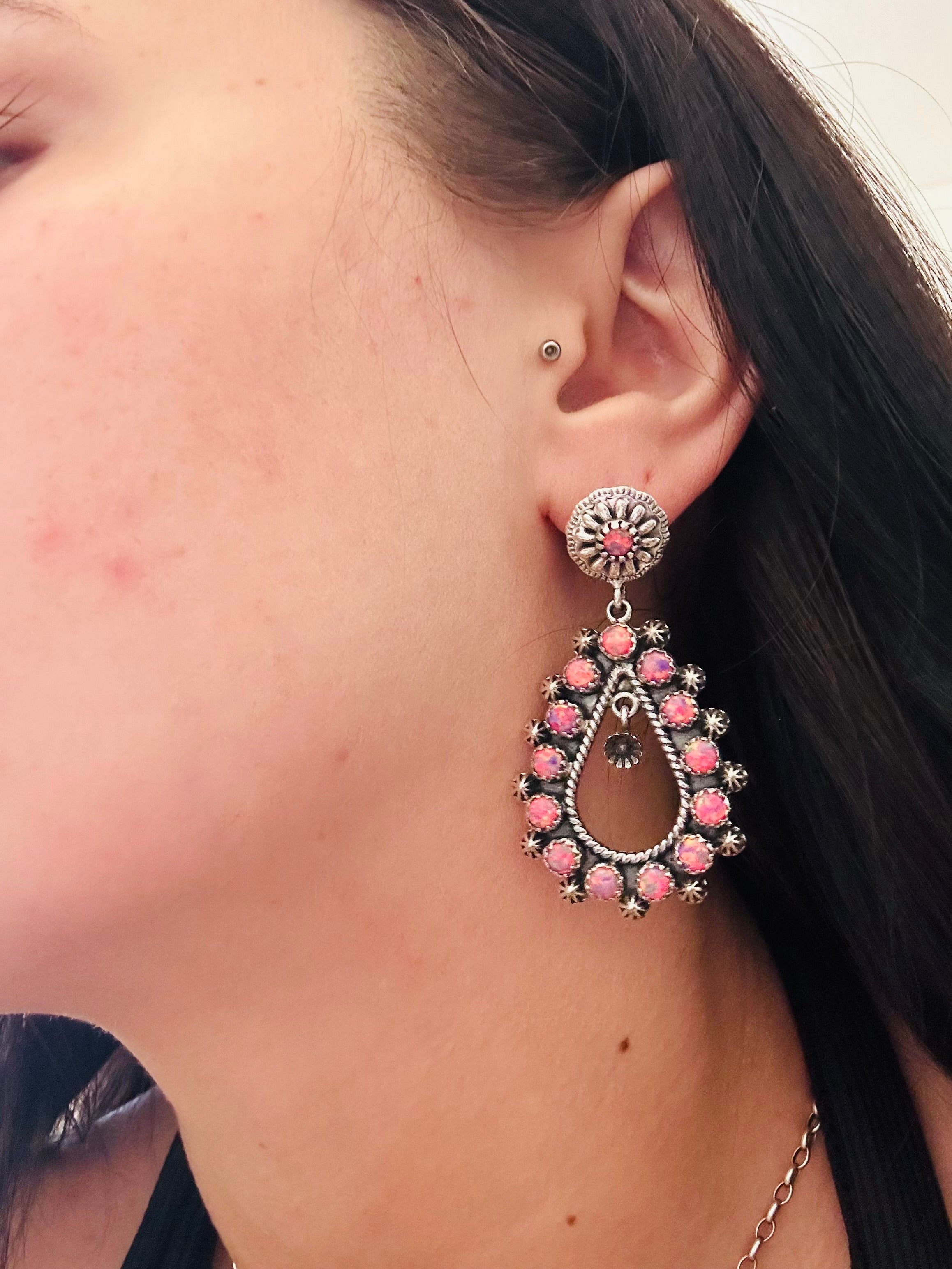 TTD “Tear Drop” Pink Opal & Sterling Silver Post Dangle Earrings