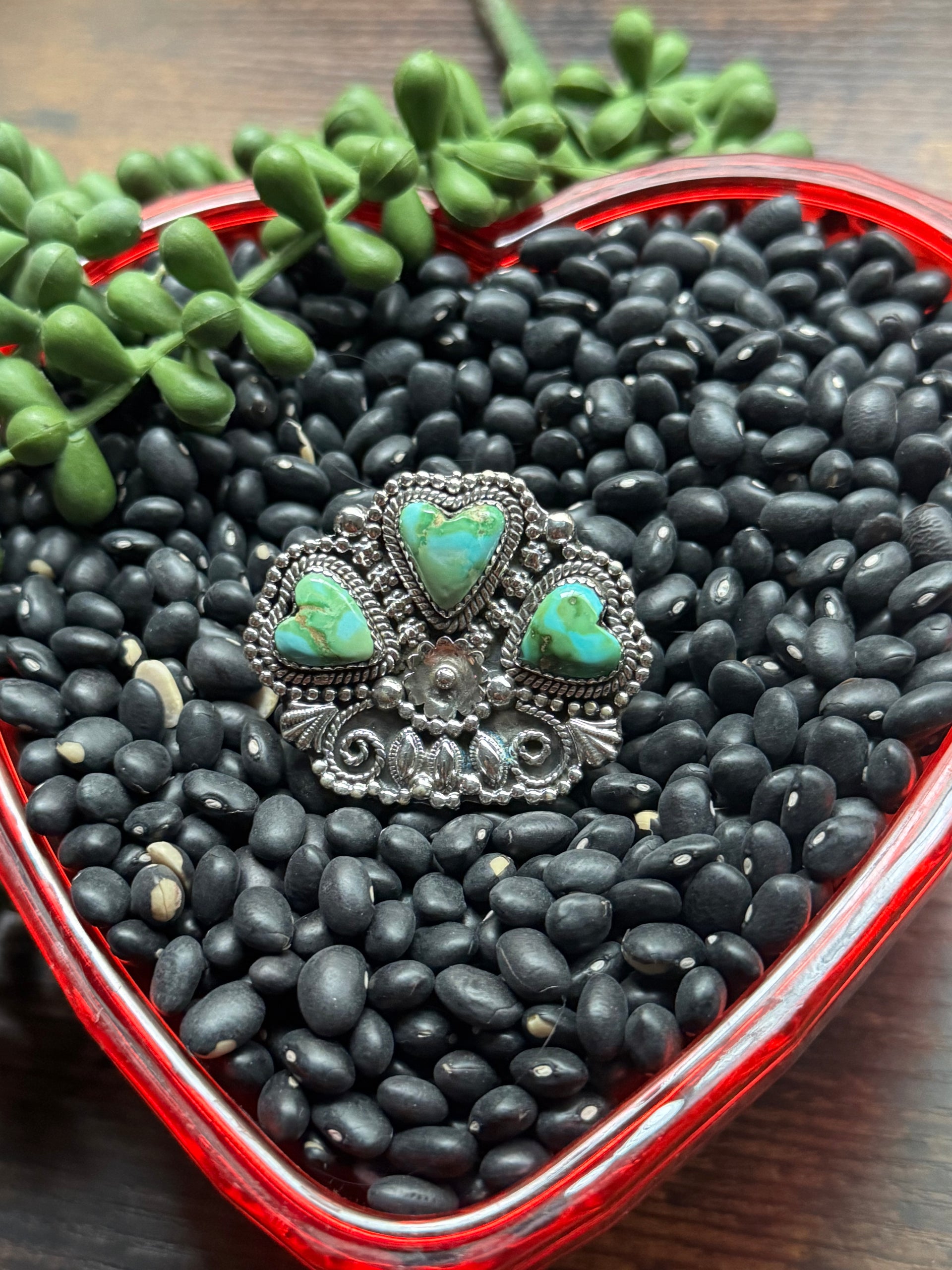 Southwest Handmade Sonoran Mountain Turquoise & Sterling Silver Adjustable Cluster Triple Heart Ring