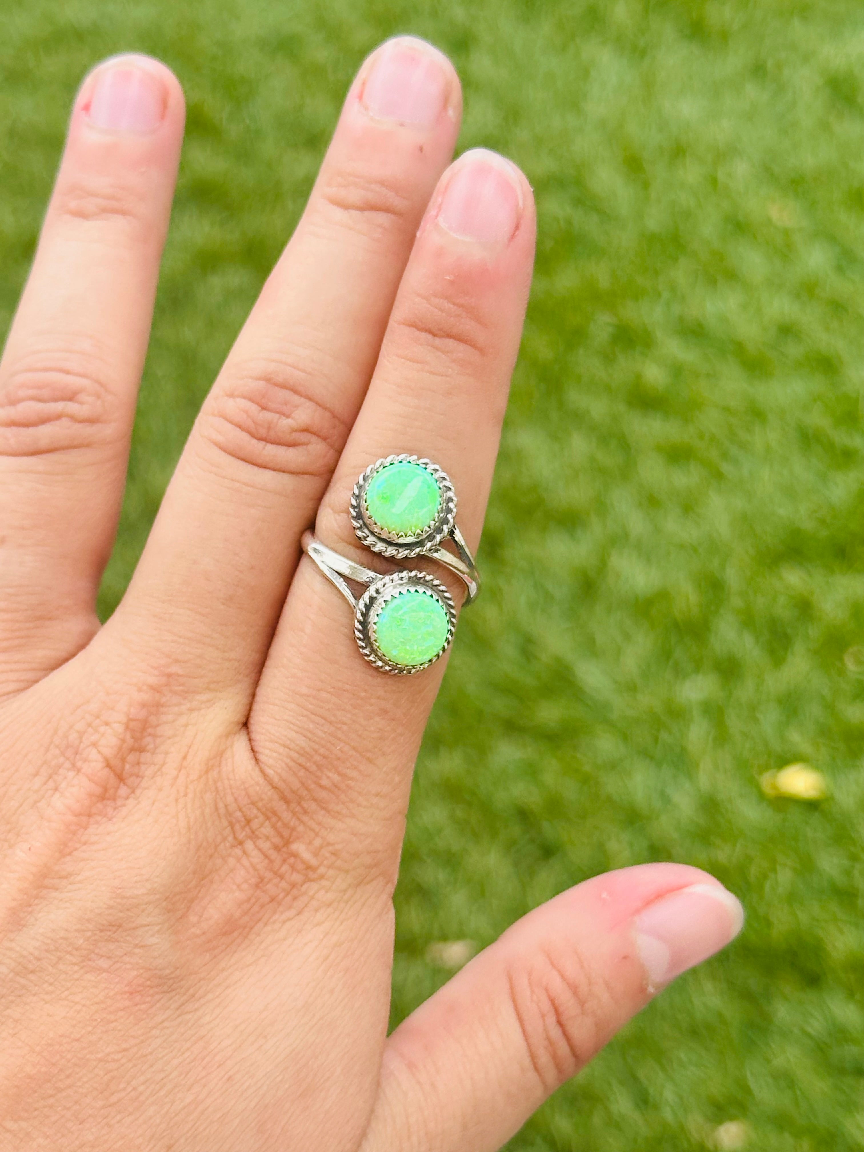 Navajo Made Green Opal & Sterling Silver Adjustable Ring