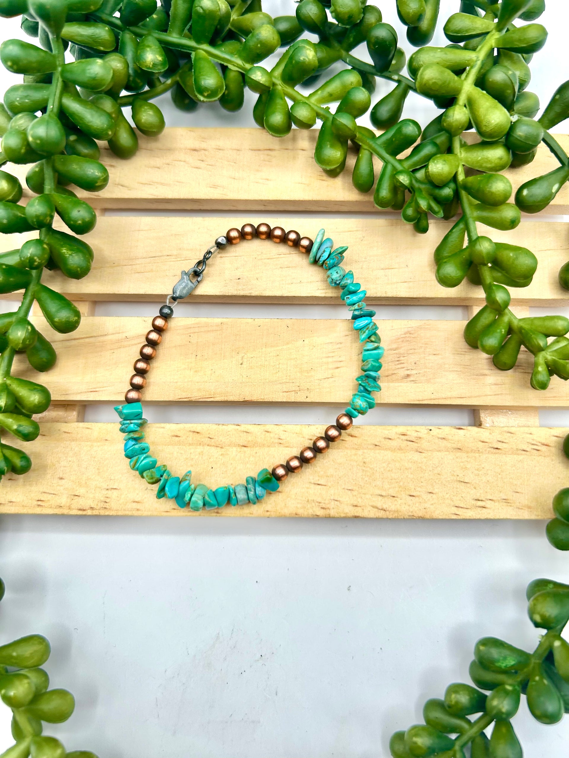 Navajo Made Strung Kingman Turquoise & Copper Link Bracelet