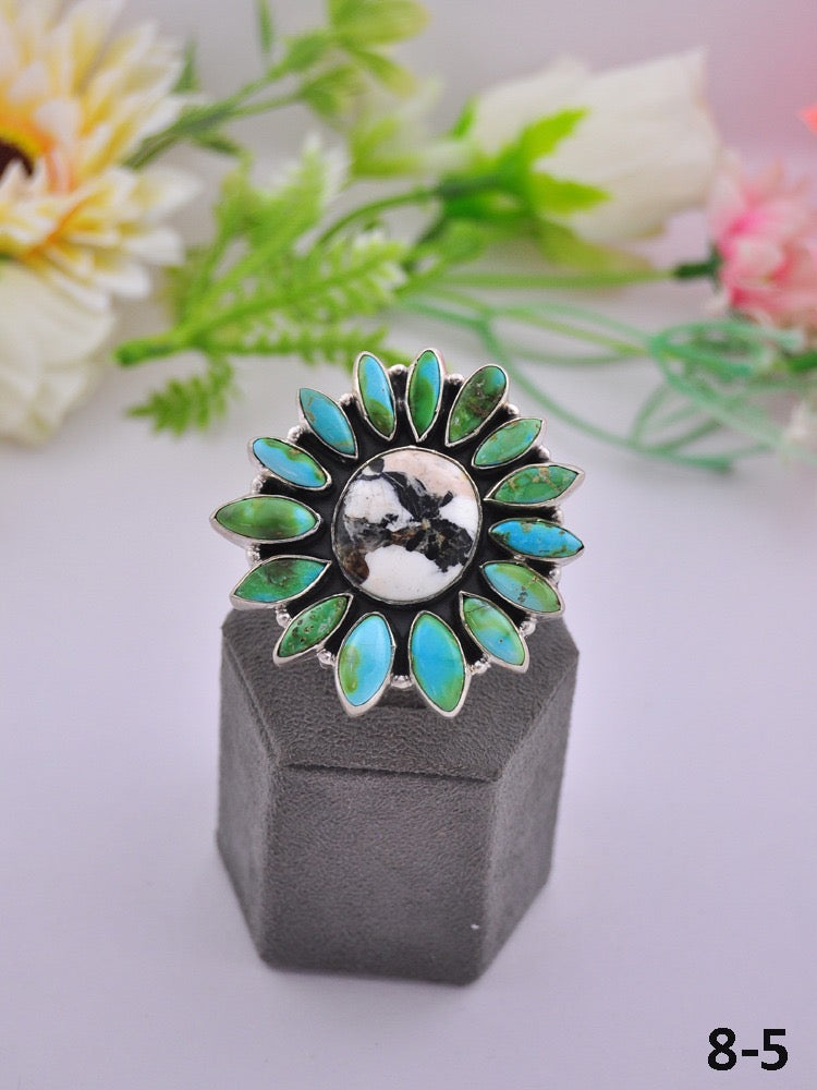 Southwest Made Multi Stone & Sterling Sliver Cluster Adjustable Ring
