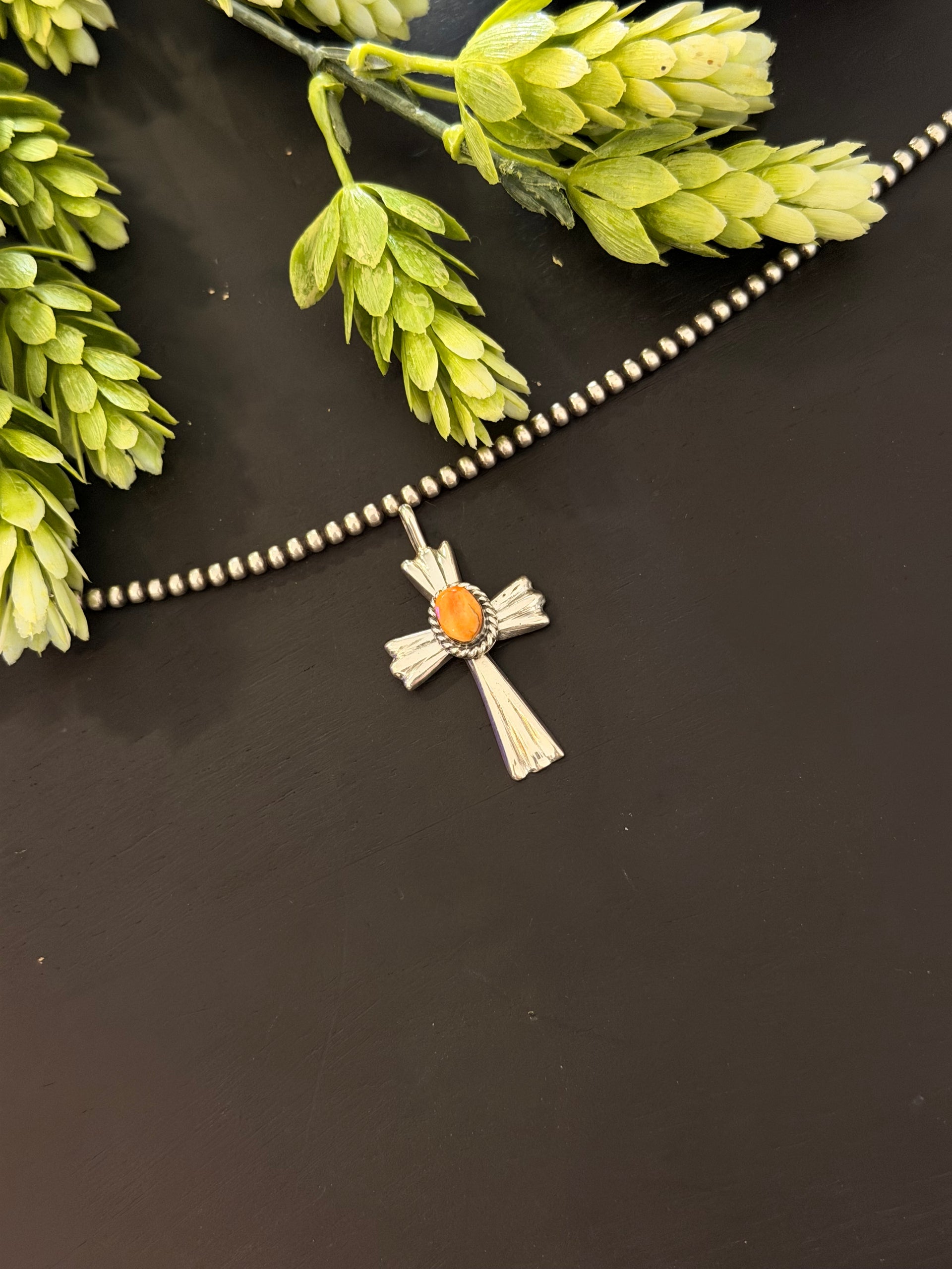 Navajo Made Spiny Oyster & Sterling Silver Cross Pendant