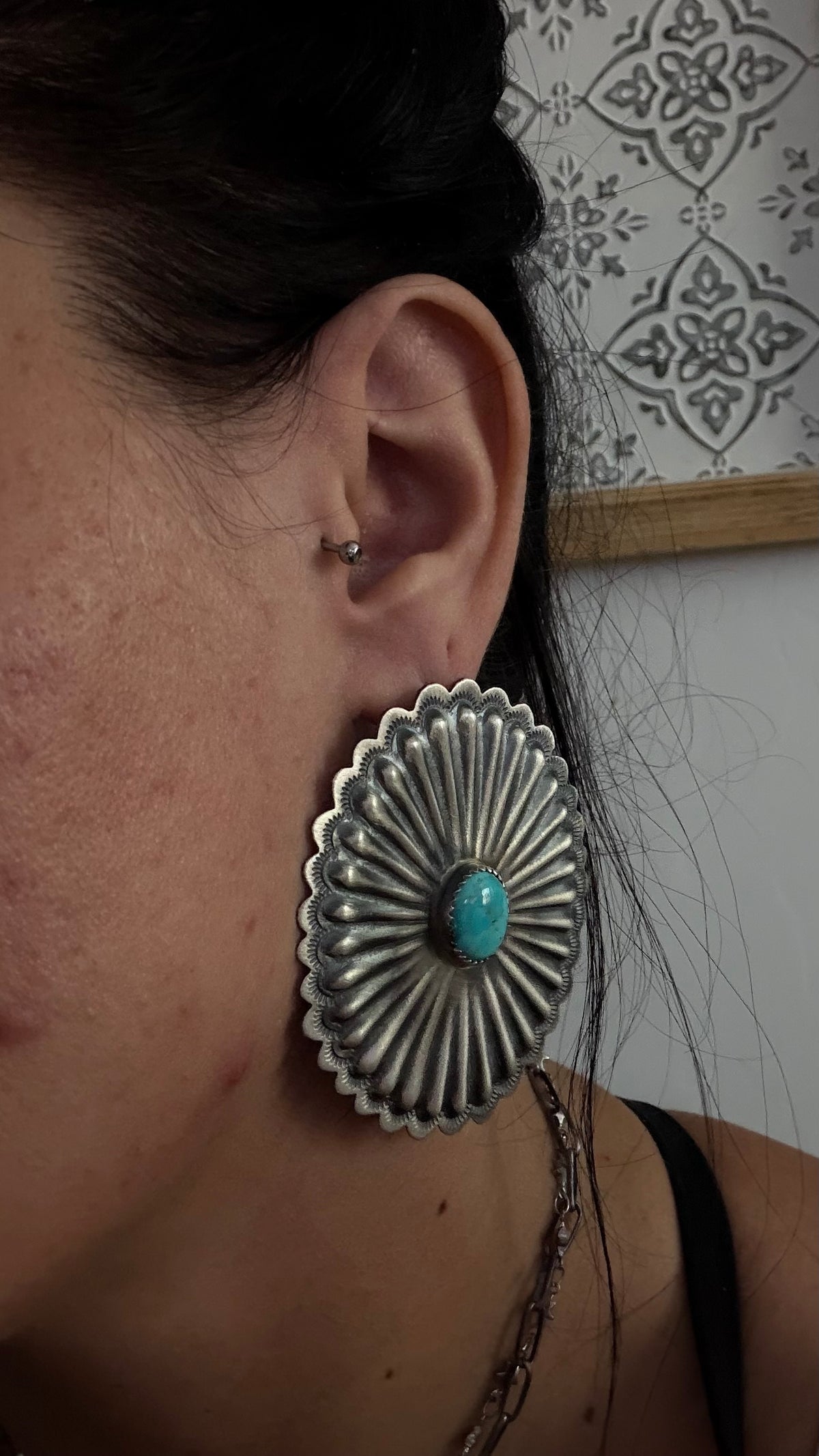 Navajo Made Kingman Turquoise & Sterling Silver Post Concho Earrings