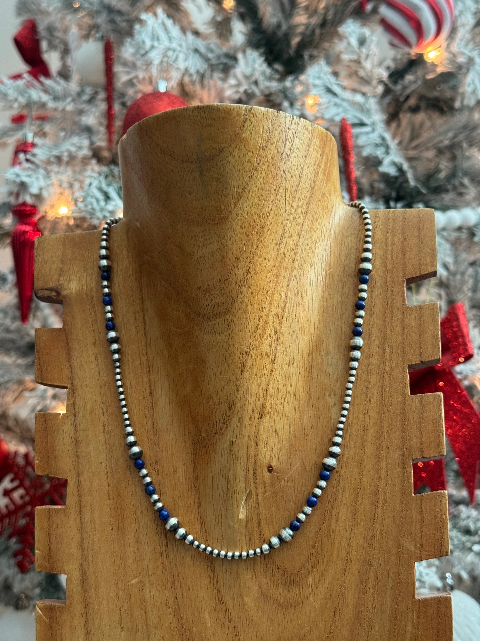 Navajo Strung Lapis & Sterling Silver Graduated Pearl Necklace