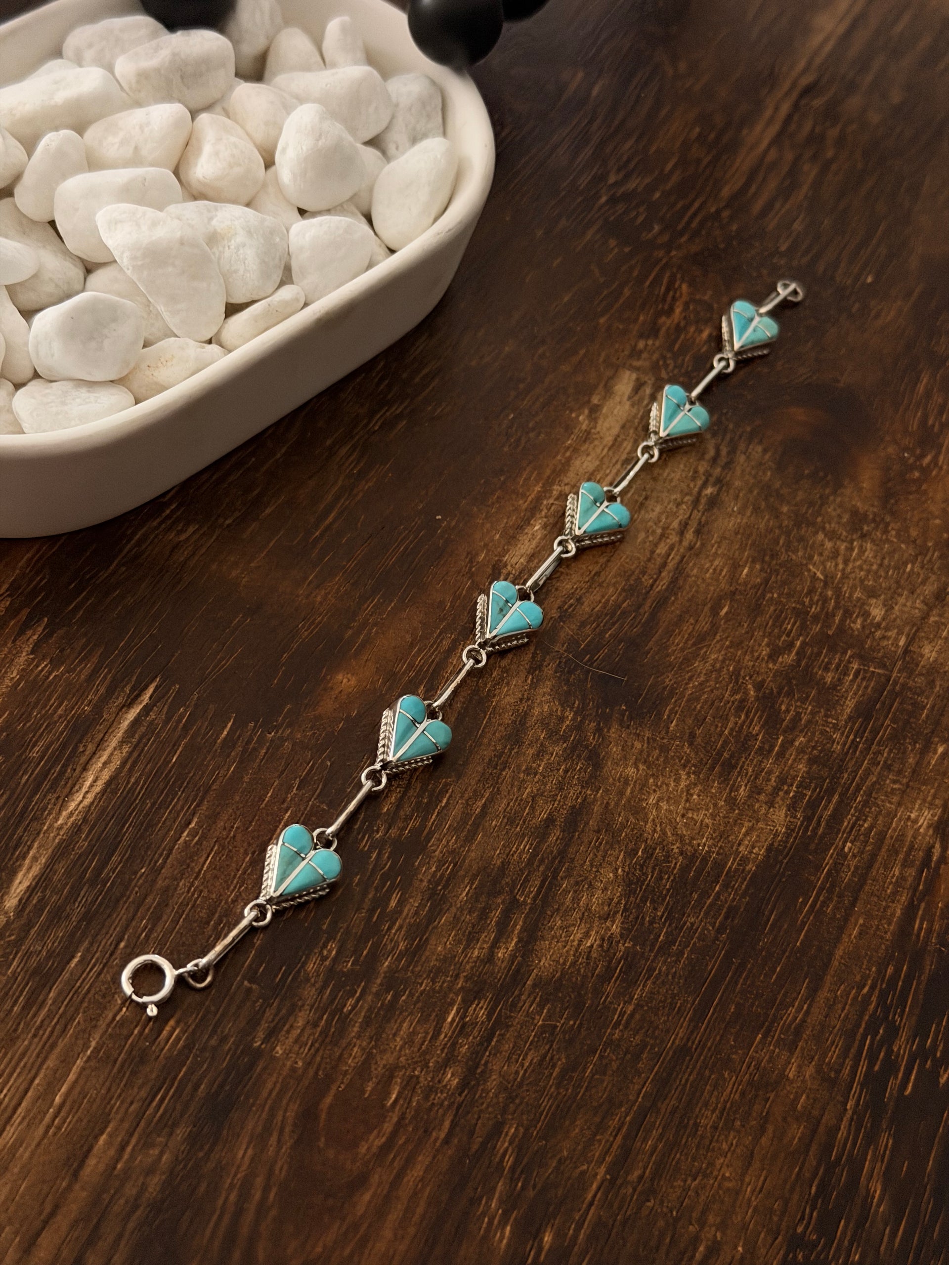 Velda Nastacio Kingman Turquoise & Sterling Silver Link Heart Bracelet
