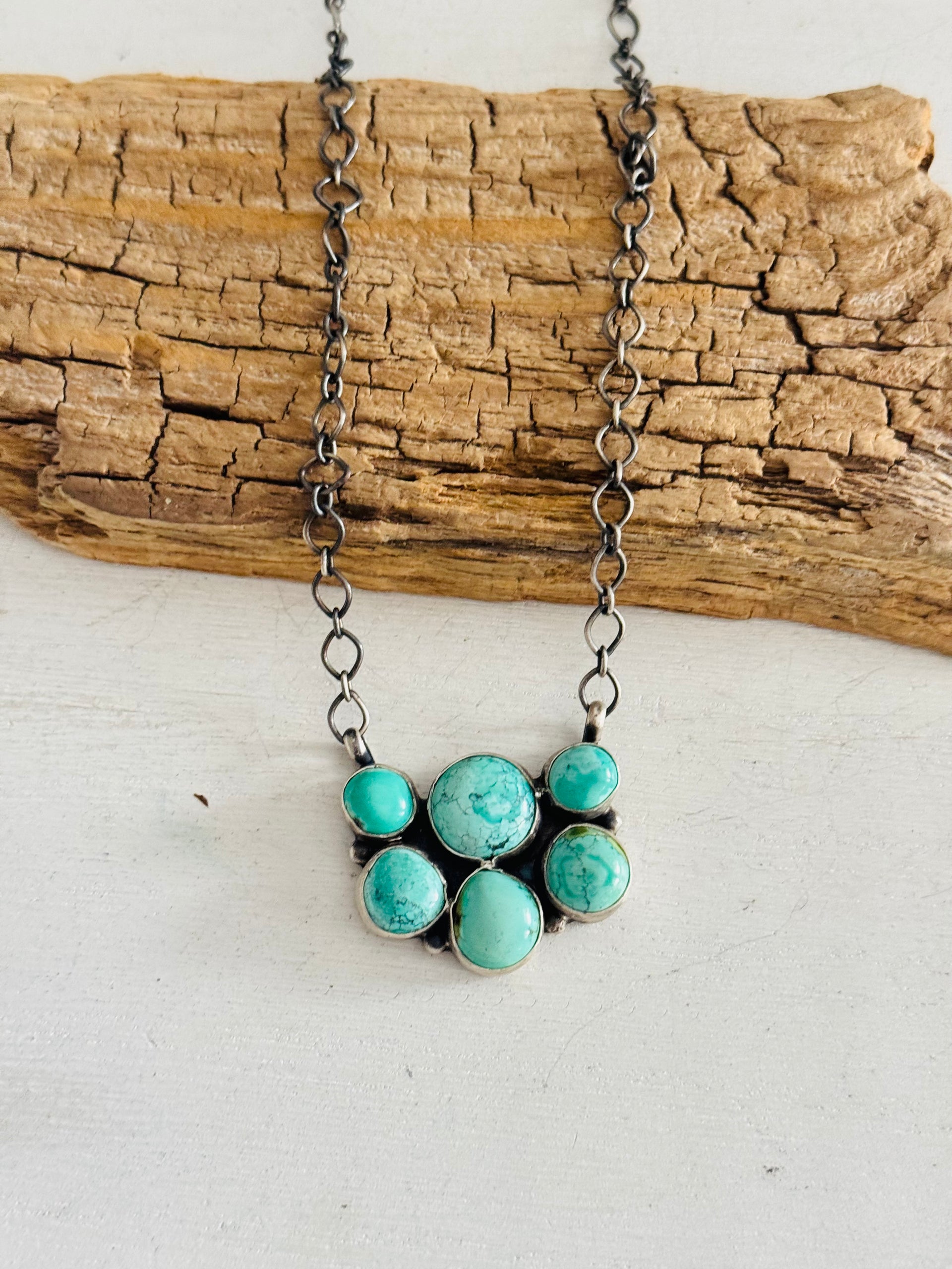 Navajo Made Blue Moon & Sterling Silver Cluster Necklace