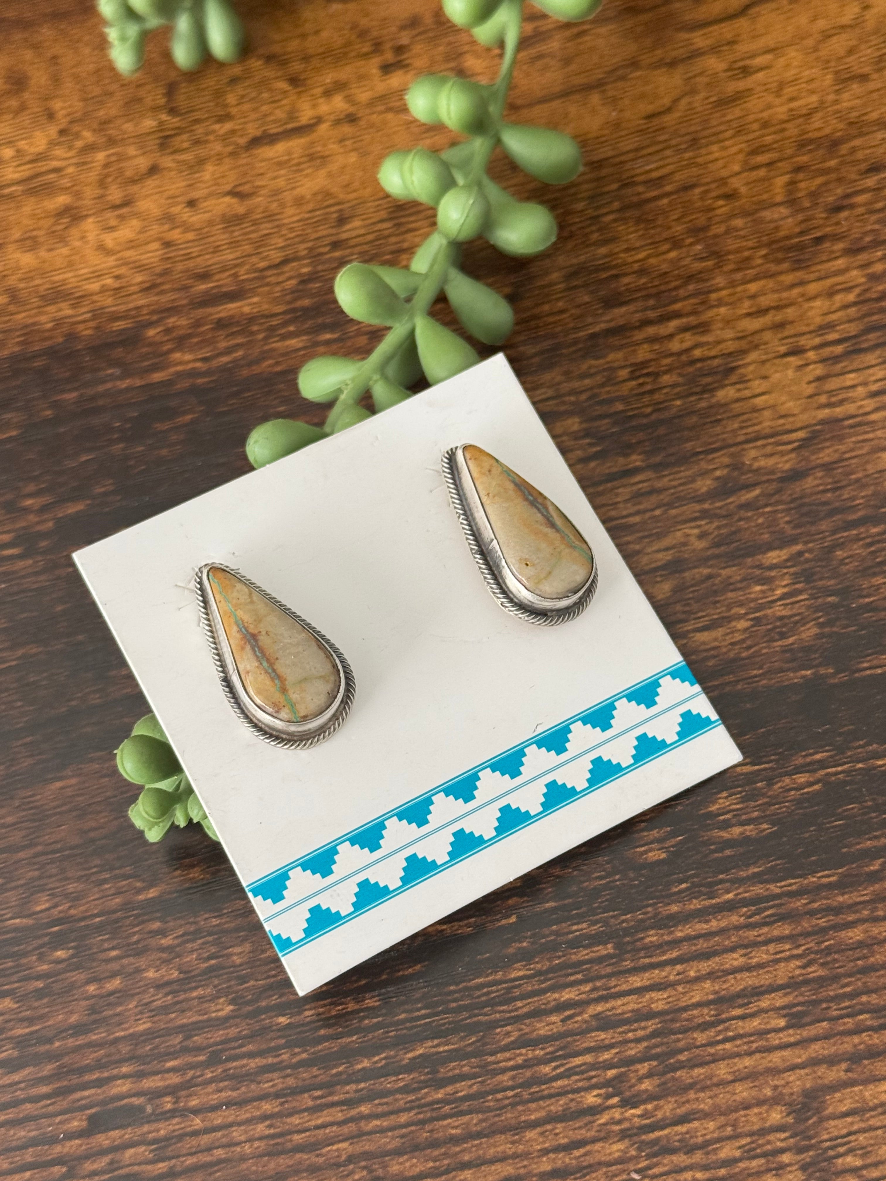 Navajo Made Boulder Turquoise & Sterling Silver Post Earrings