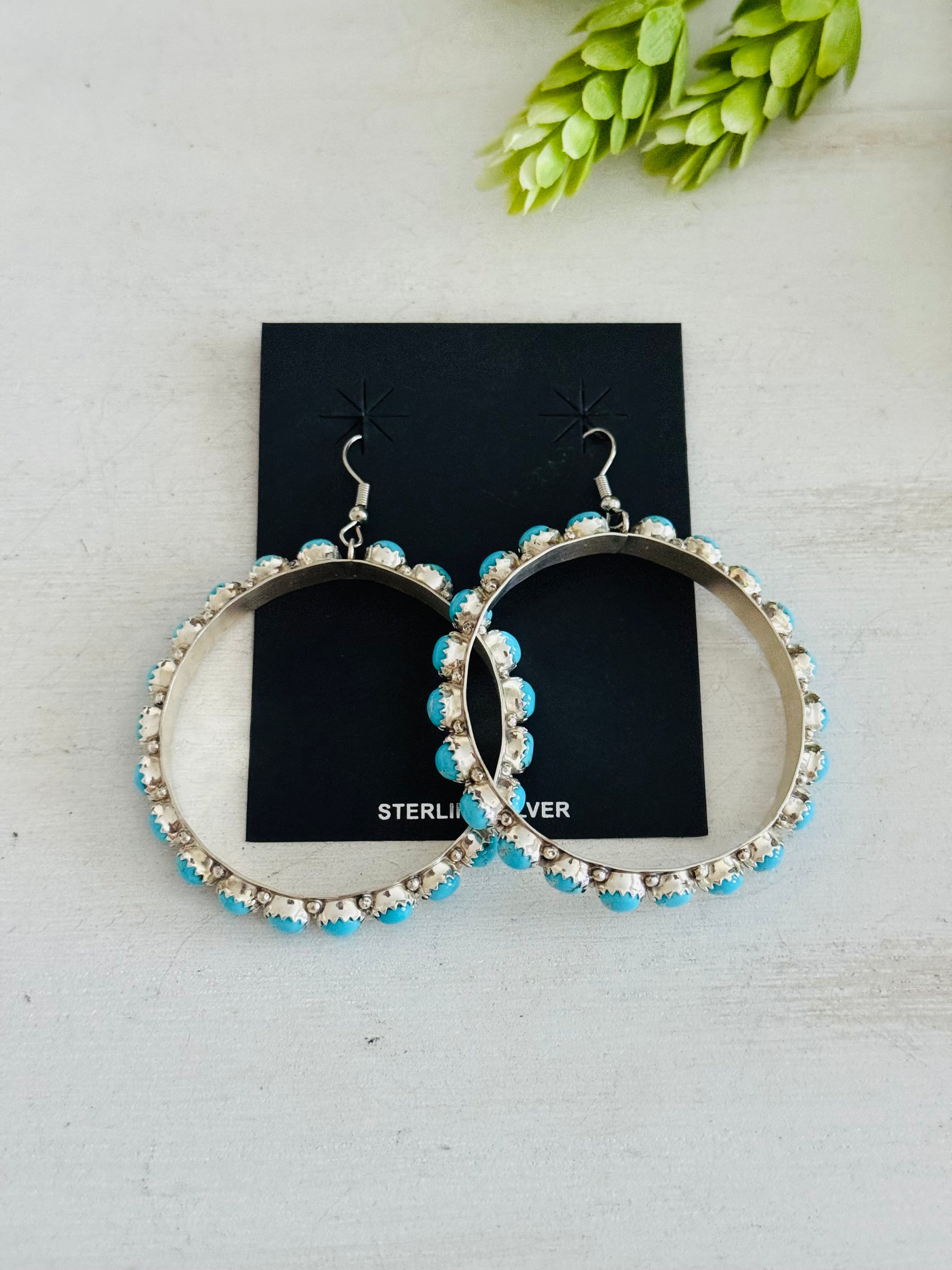 Navajo Made Sleeping Beauty Turquoise & Sterling Silver Dangle Earrings