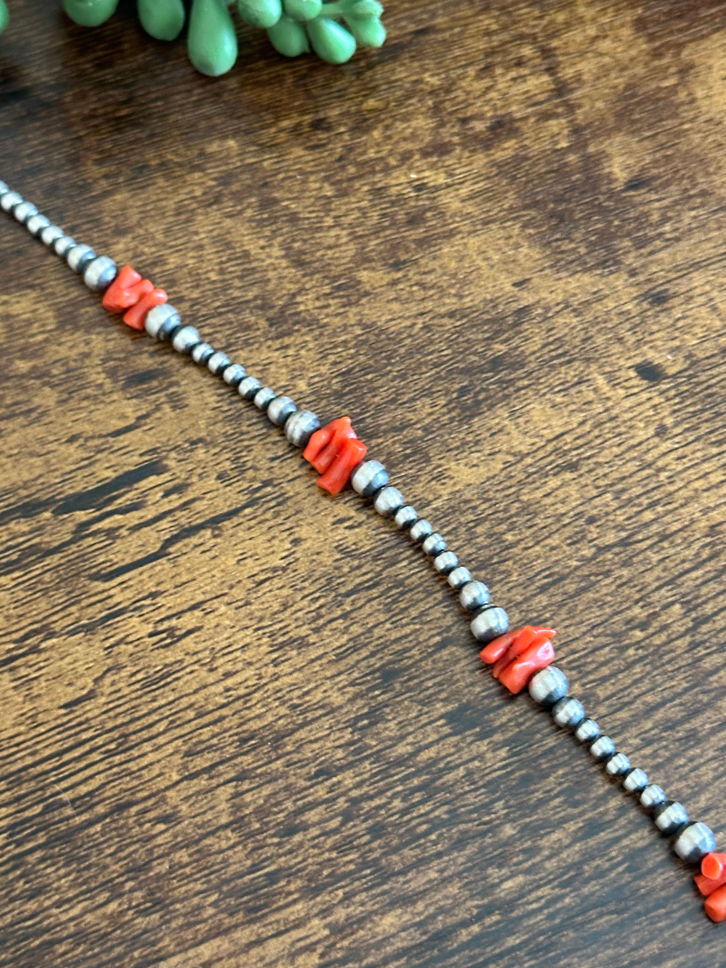 Navajo Strung Red Coral & Sterling Silver Graduated Pearls Beaded Necklace