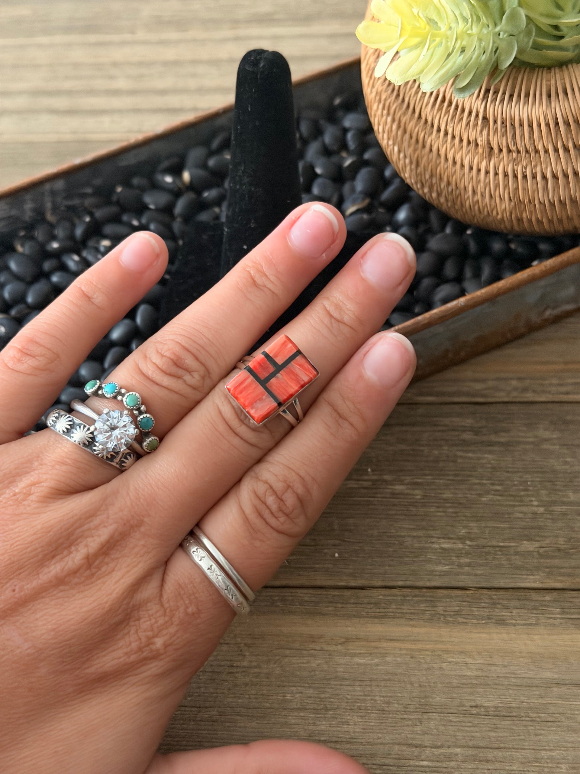 Navajo Made Multi Stone & Sterling Silver Inlay Ring Size 6.25