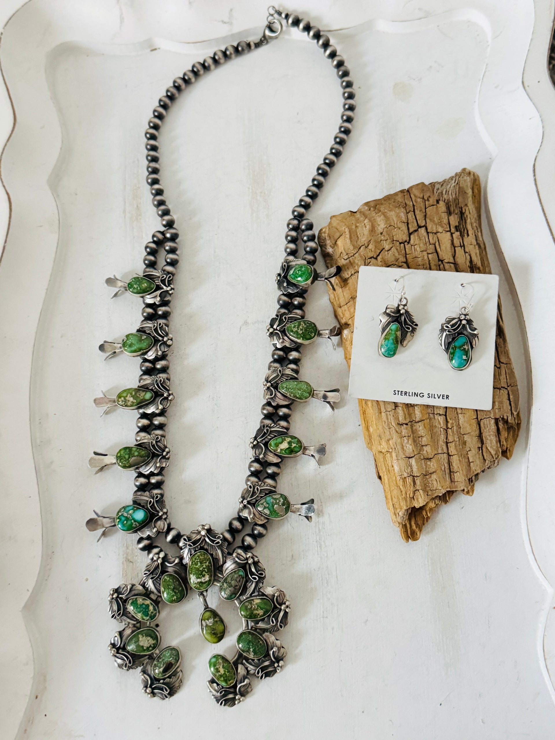 Navajo Made Sonoran Mountain Turquoise & Sterling Silver Squash Blossom Necklace Set