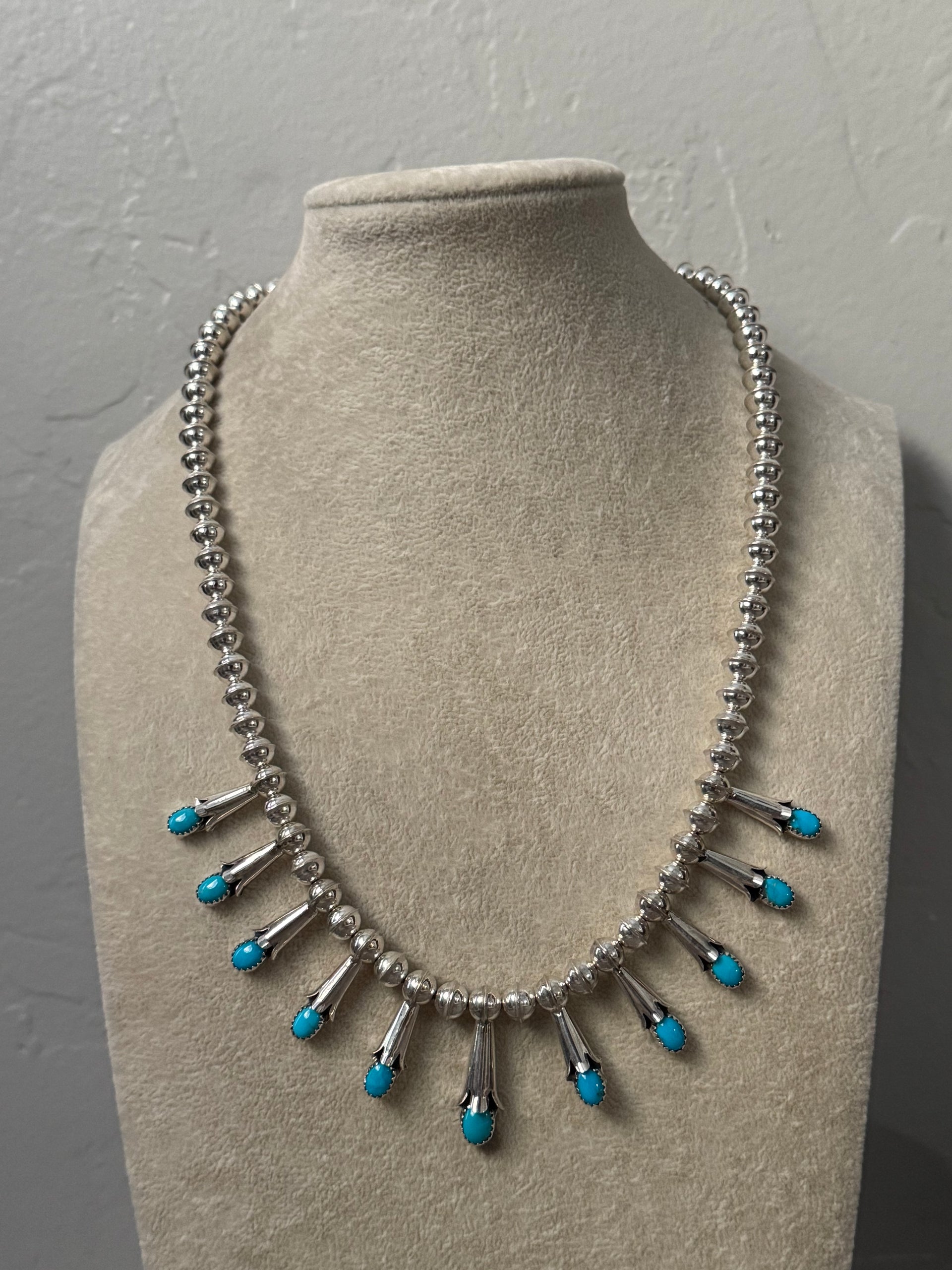 Navajo Made Sleeping Beauty Turquoise & Sterling Sliver Blossom Necklace