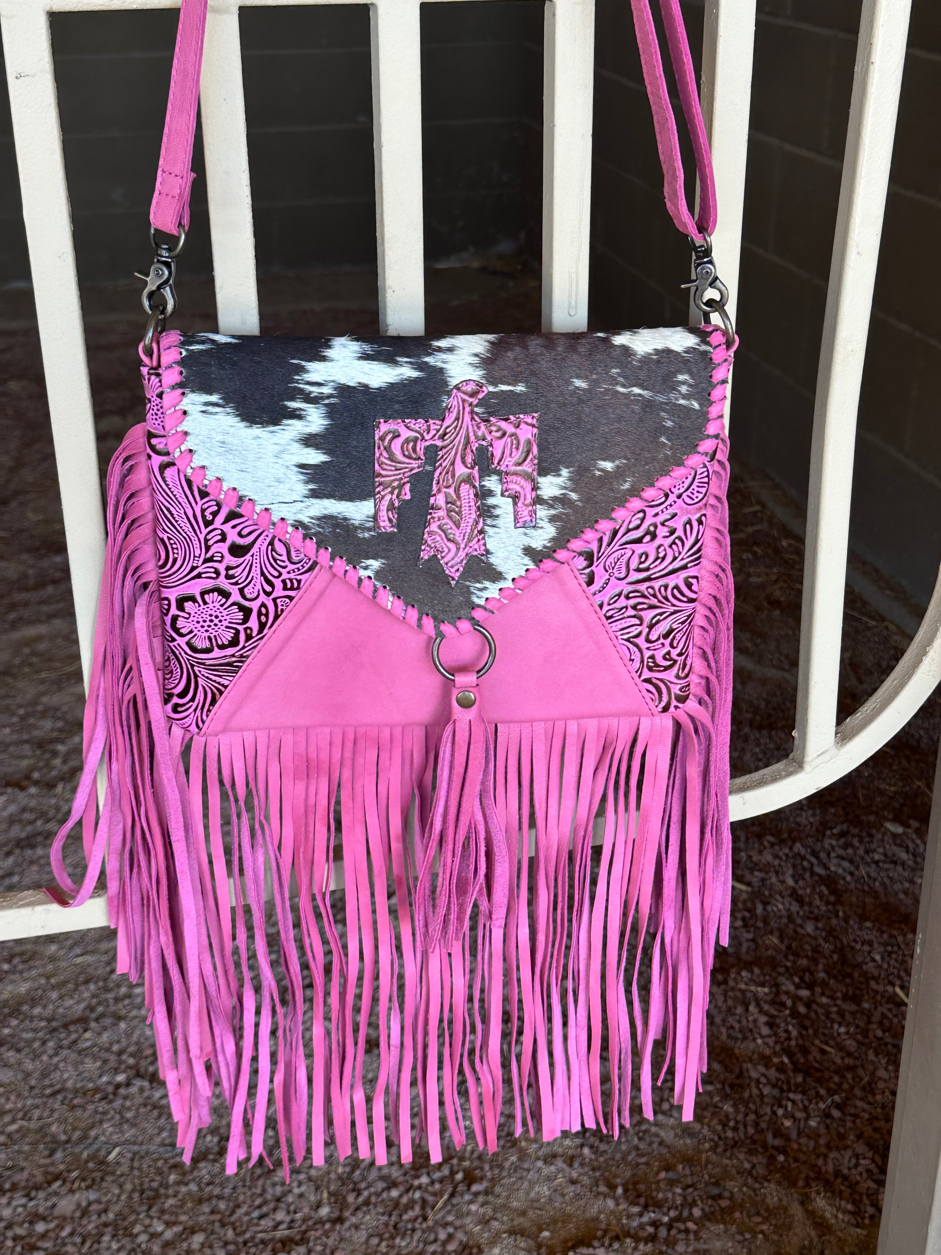 Genuine Tooled Leather & Cowhide Fringe Purse