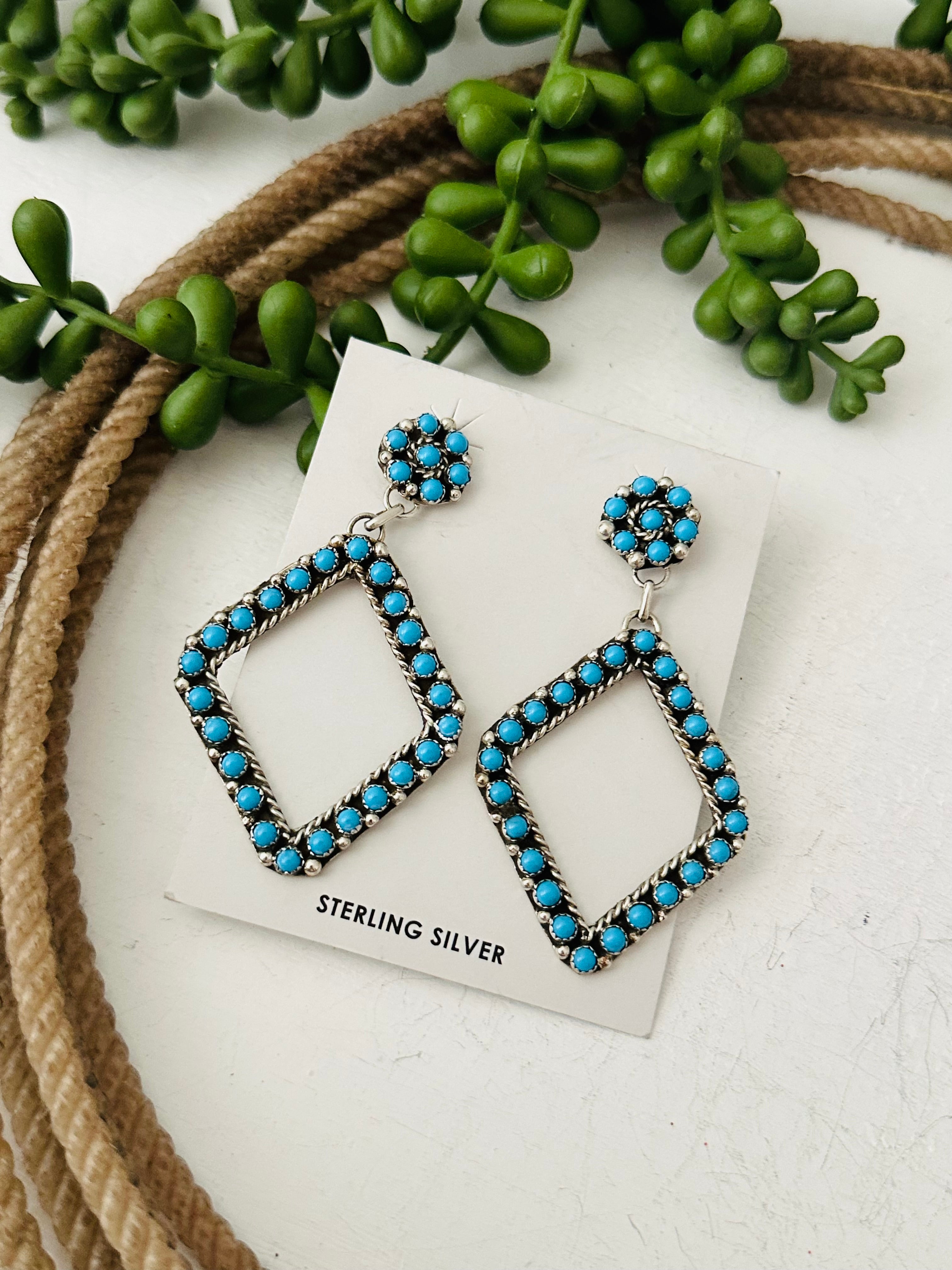 Zuni Made Turquoise & Sterling Silver Post Dangle Earrings