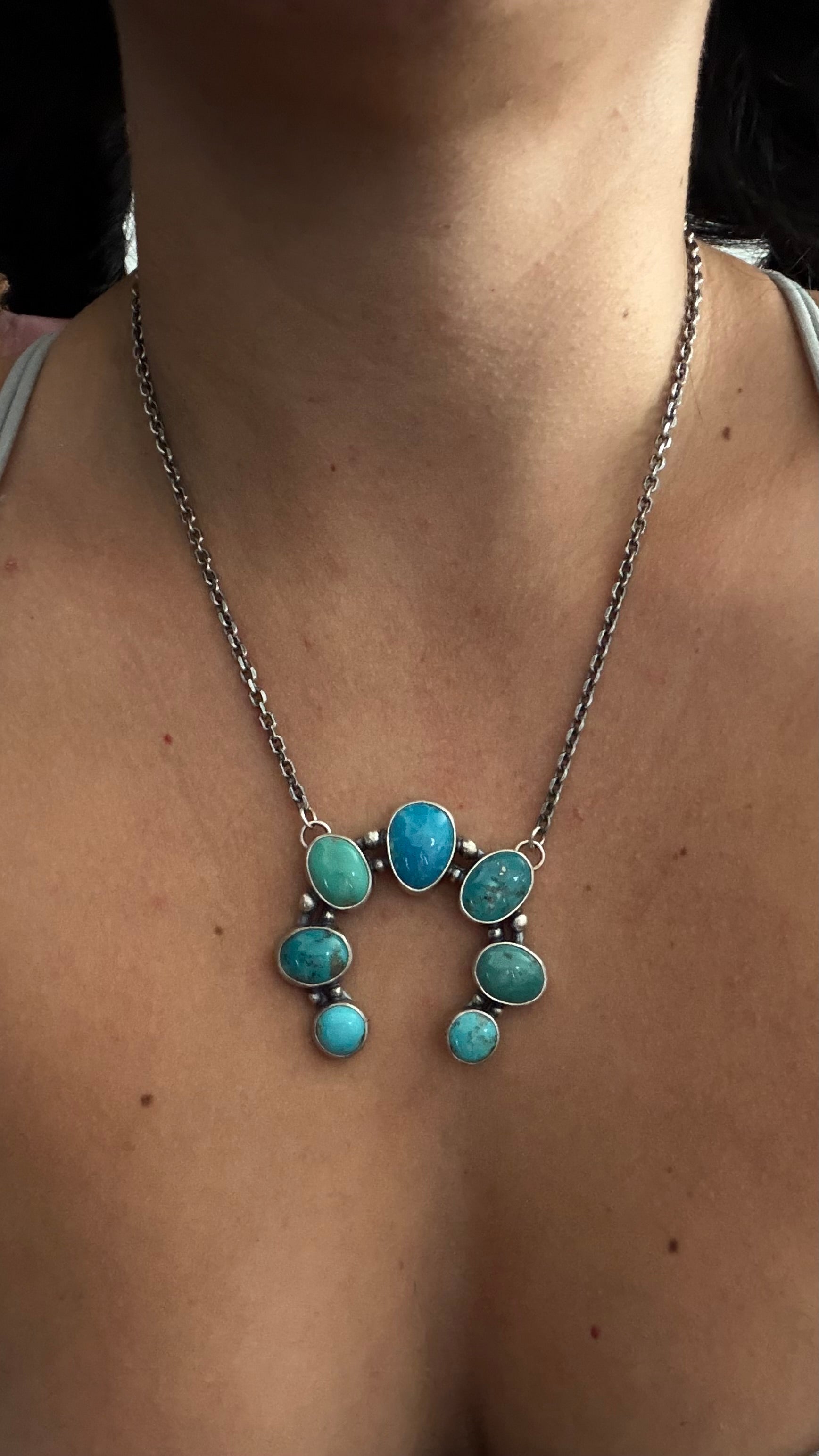 Navajo Made Kingman Turquoise and Sterling Silver Naja Necklace