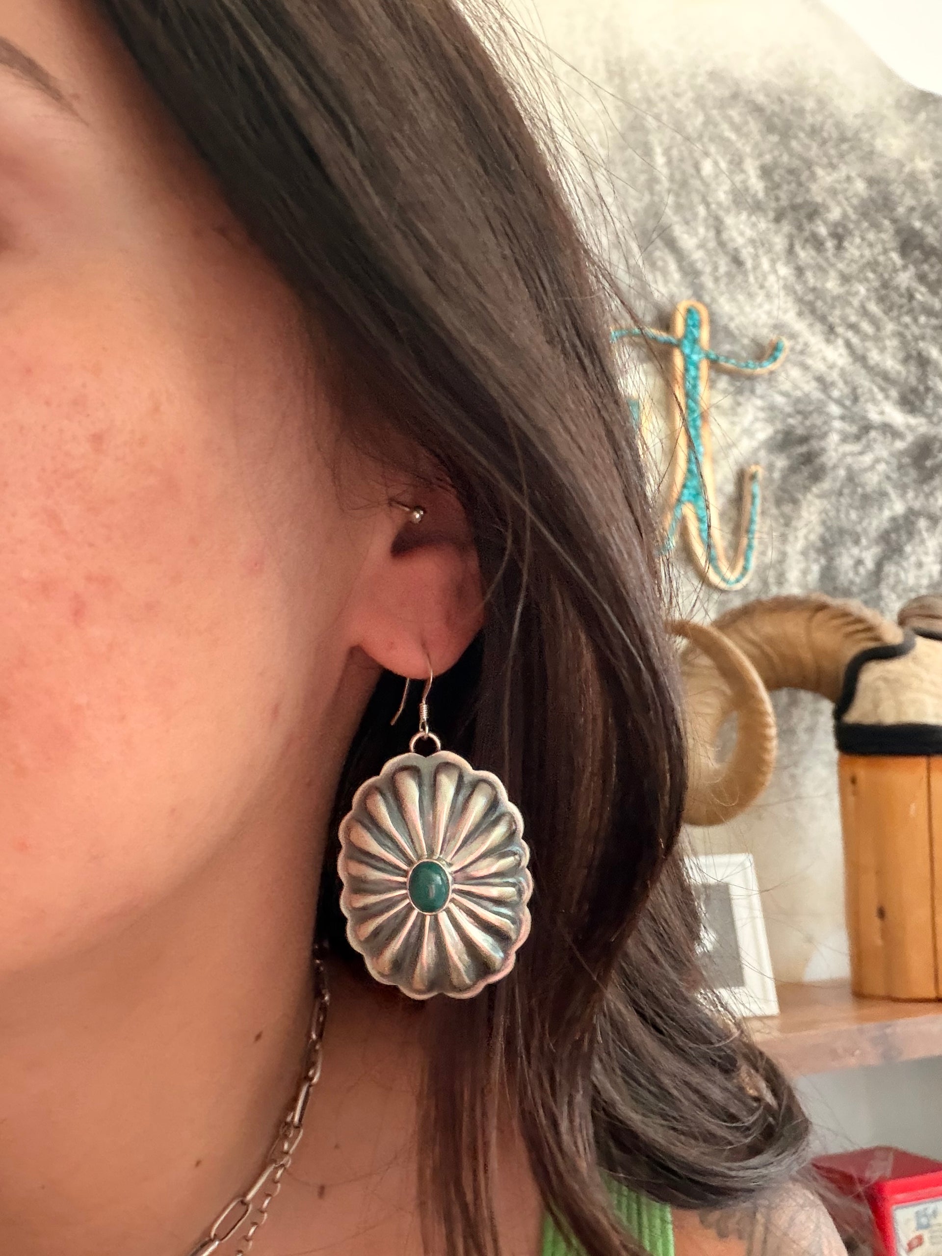 Navajo Made Kingman Turquoise & Sterling Silver Dangle Concho Earrings