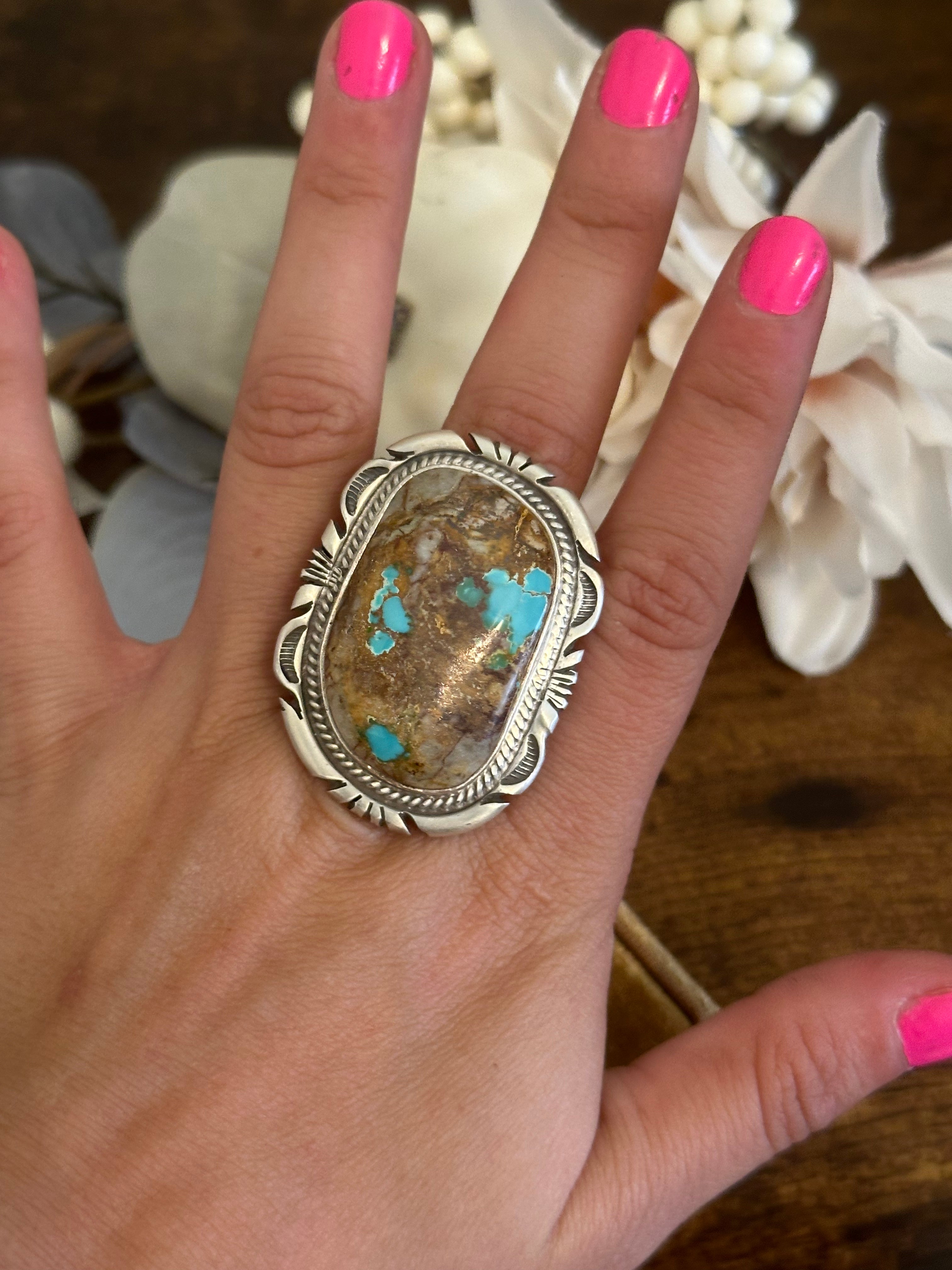 Navajo Made Natural Royston Turquoise and Sterling Silver Adjustable Ring Size 9.75