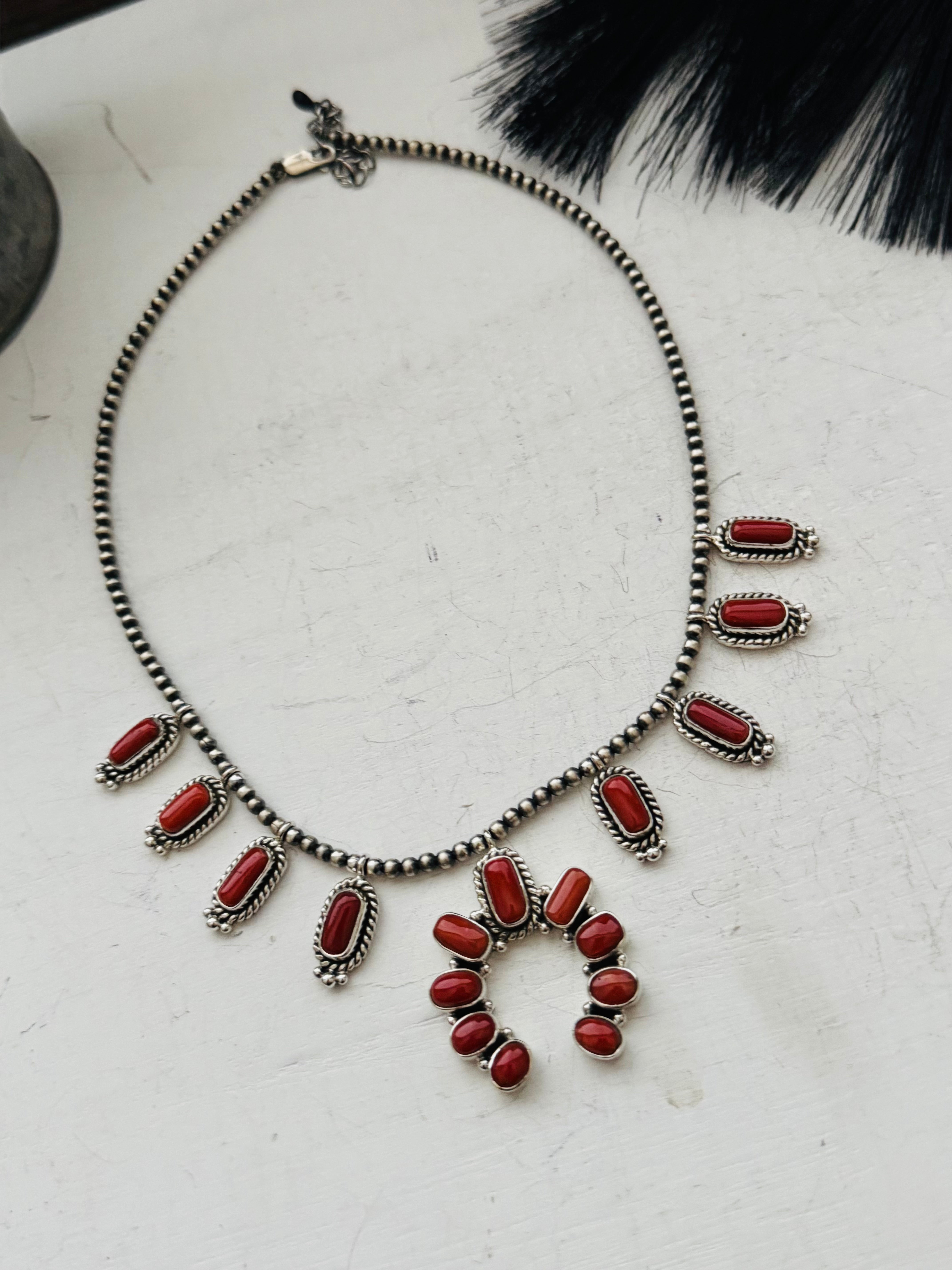 Southwest Handmade Coral & Sterling Silver Naja Necklace