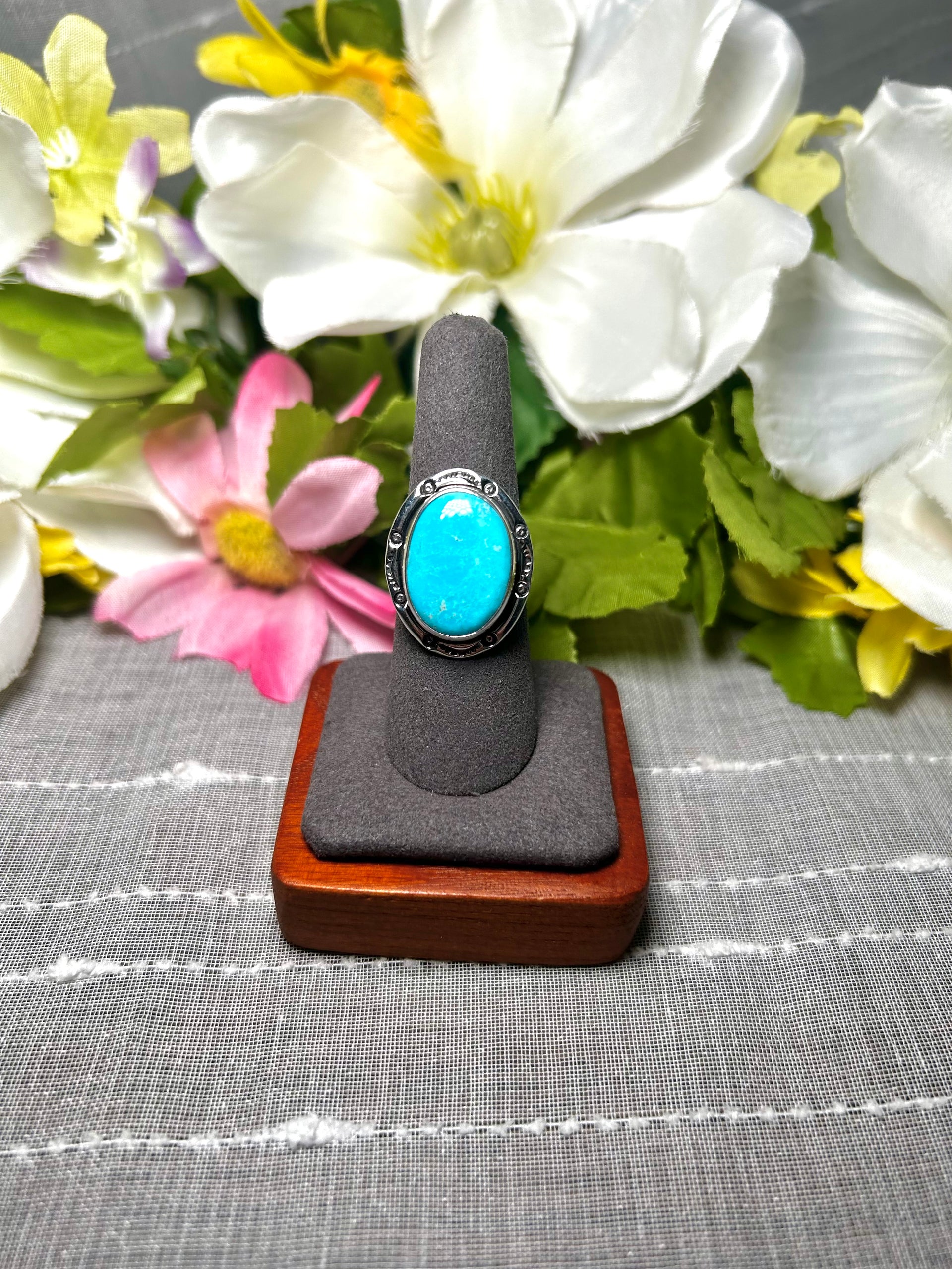Navajo Made Natural Sonoran Mountain Turquoise & Sterling Silver Ring Size 8.25