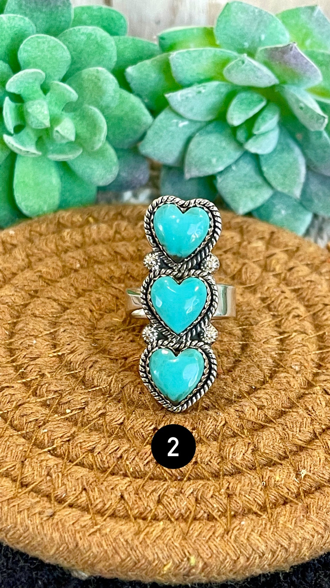 Southwest Handmade Kingman Turquoise & Sterling Silver Adjustable 3 Stone Heart  Ring