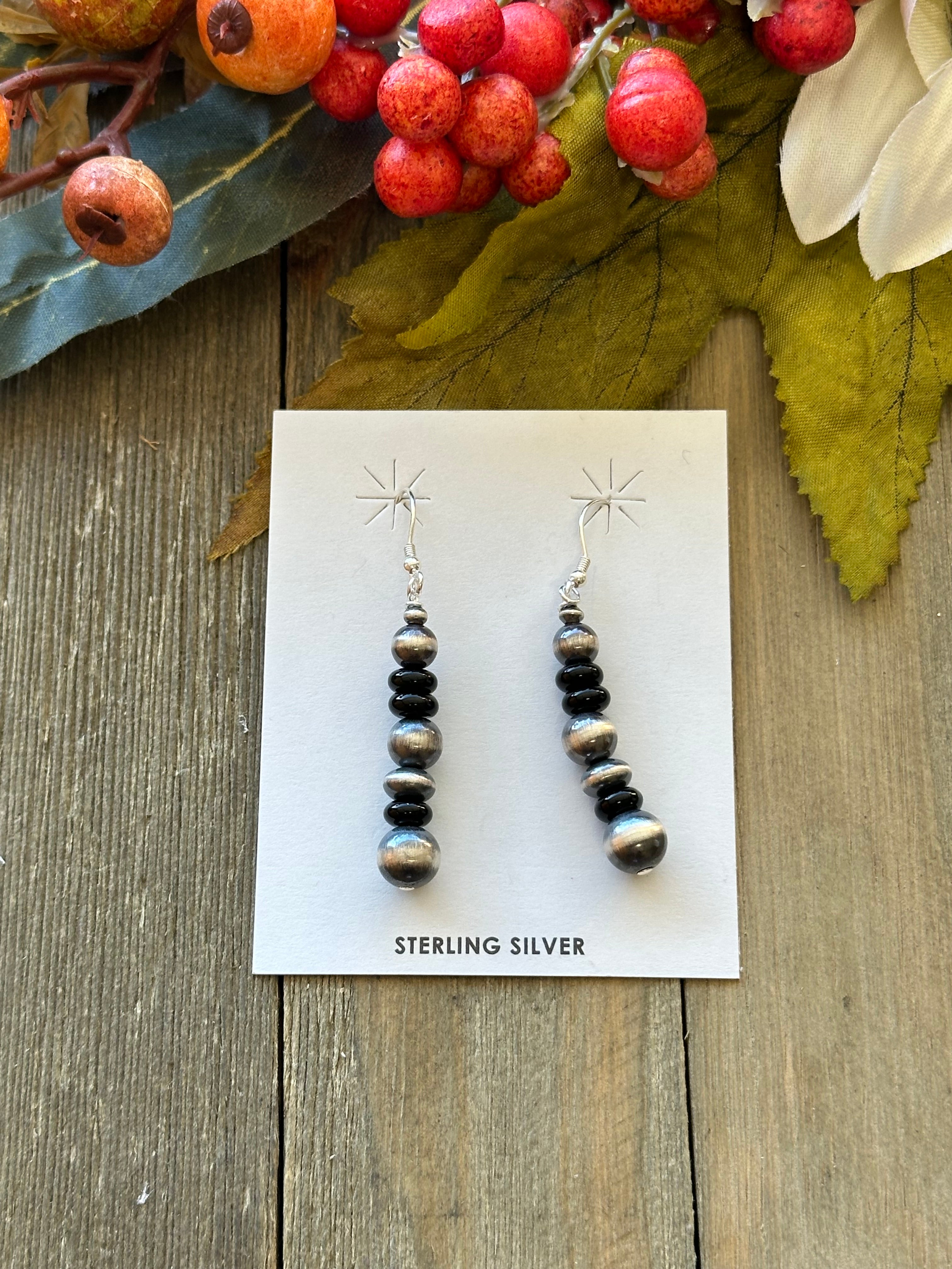 Navajo Made Onyx & Sterling Silver Pearls Dangle Earrings