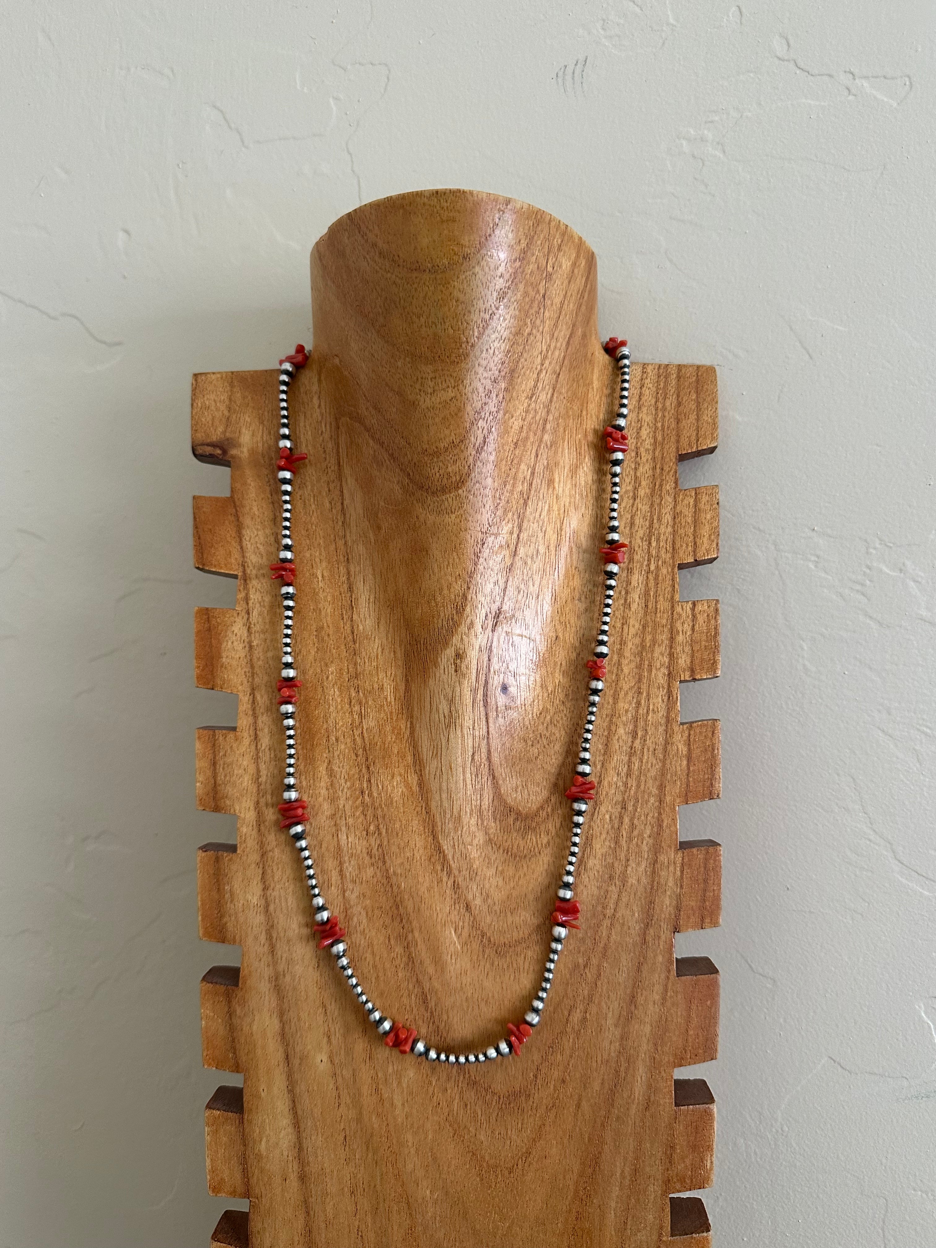 Navajo Strung Red Coral & Sterling Silver Graduated Pearls Beaded Necklace