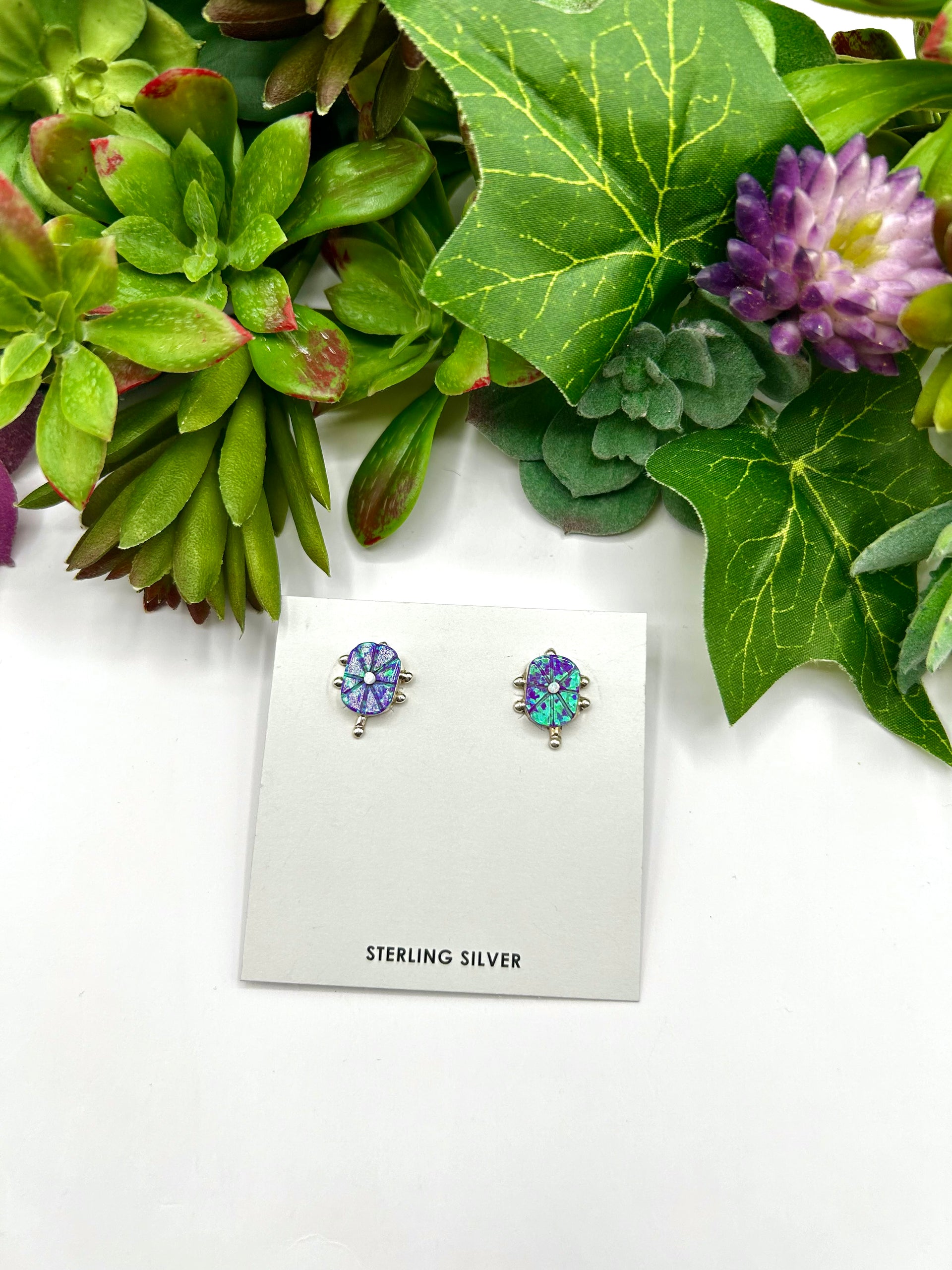 Zuni Made Multi Stone & Sterling Silver Post  Earrings