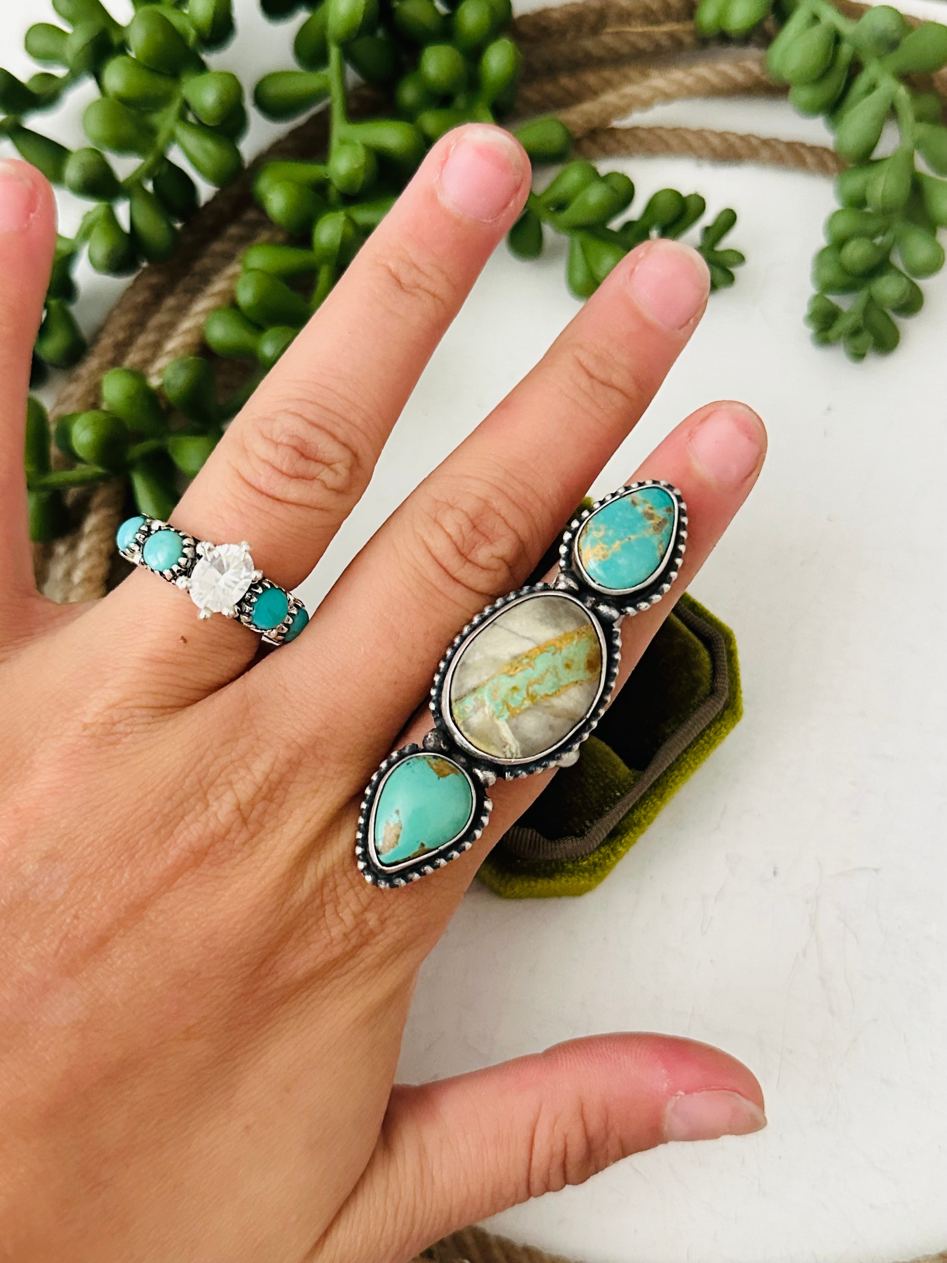 Navajo Made Multi Turquoise & Sterling Silver Adjustable Ring