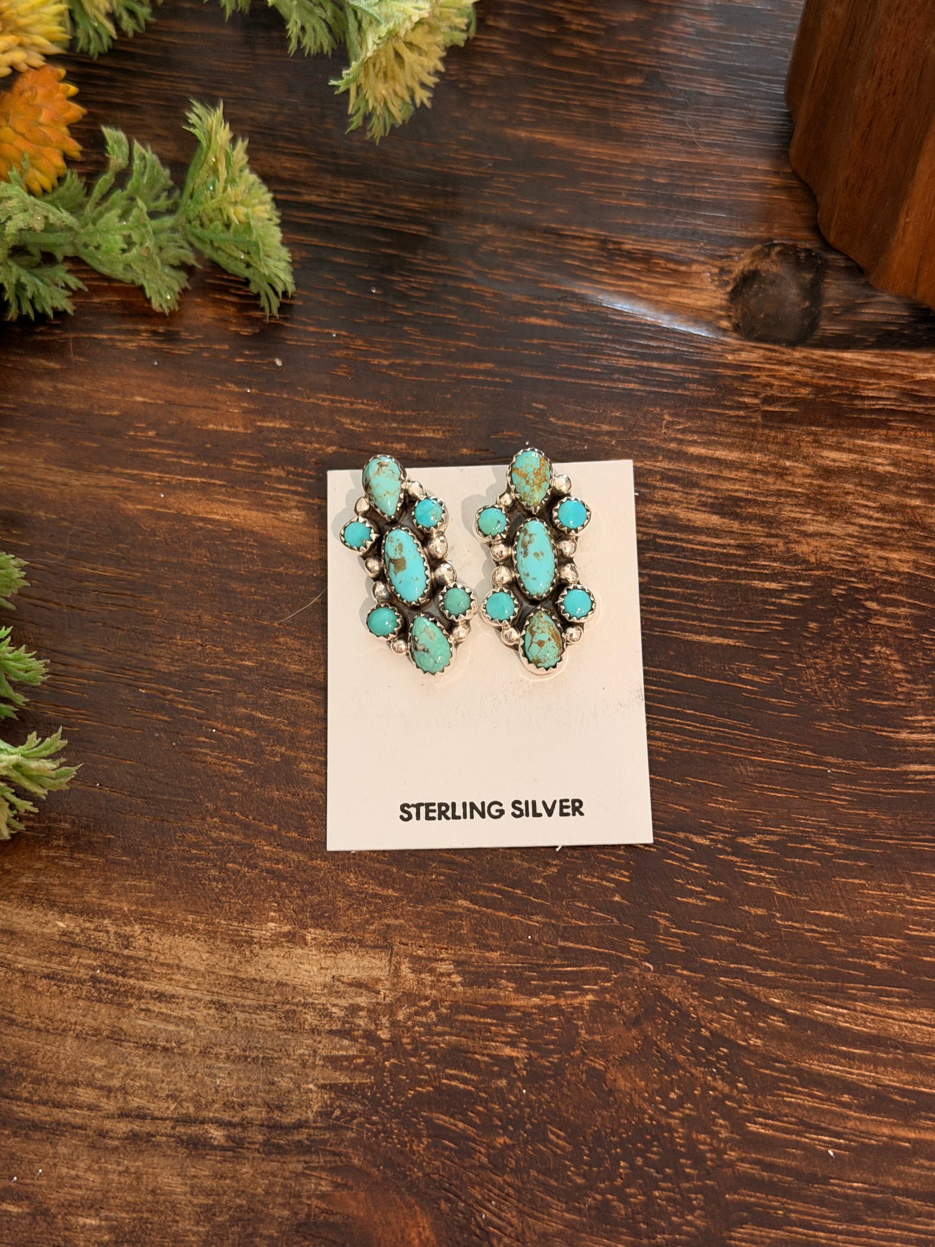 Pearline Spencer Kingman Turquoise & Sterling Silver Post Dangle Cluster Earrings