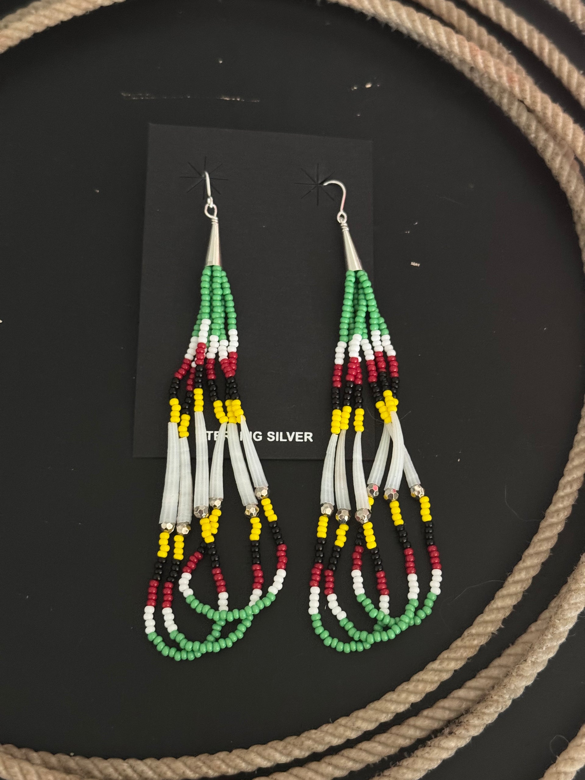 Navajo Strung Multi Stone & Sterling Silver Beaded Dangle Earrings