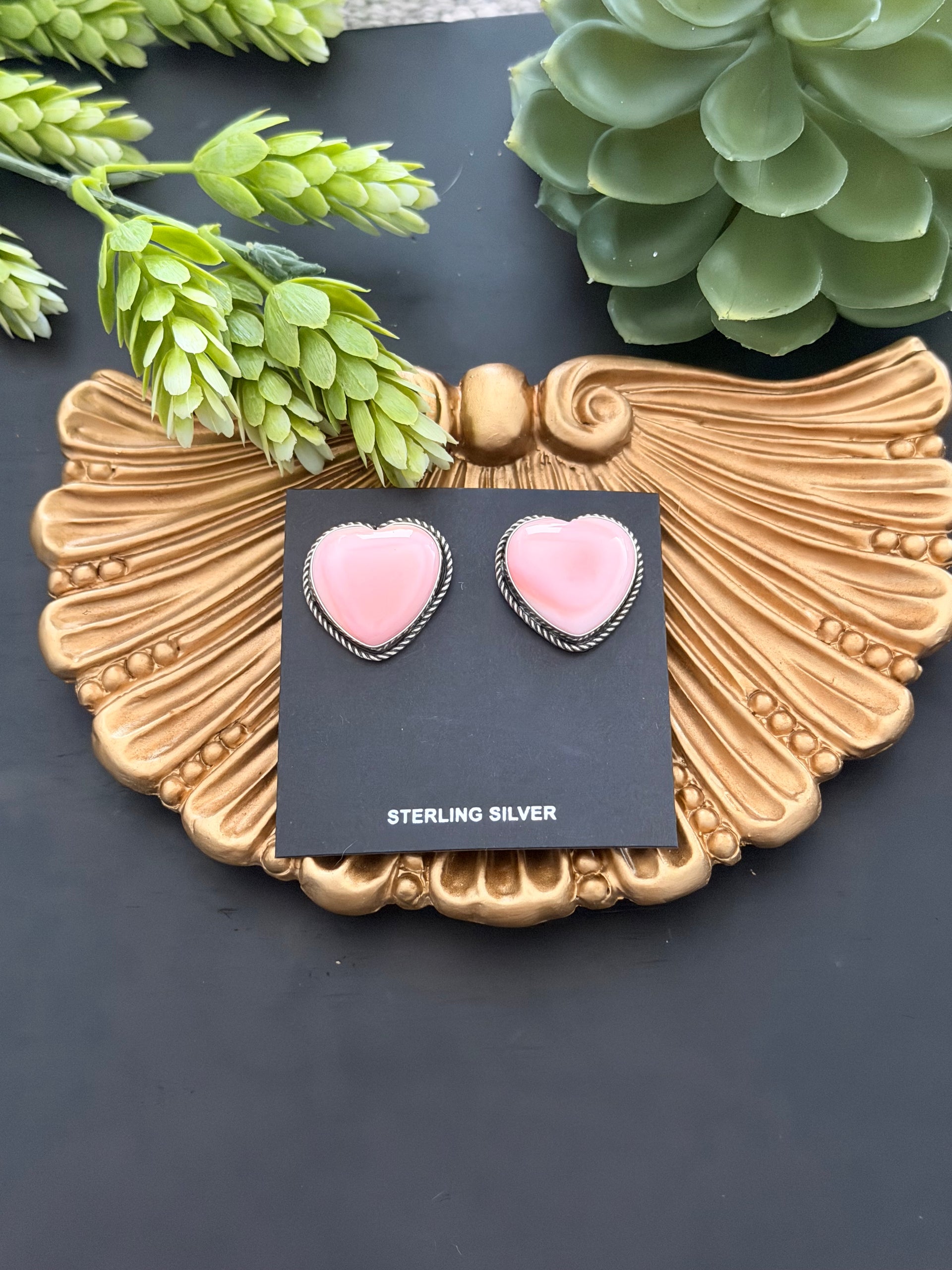 Navajo Made Pink Conch & Sterling Silver Post Heart Earrings
