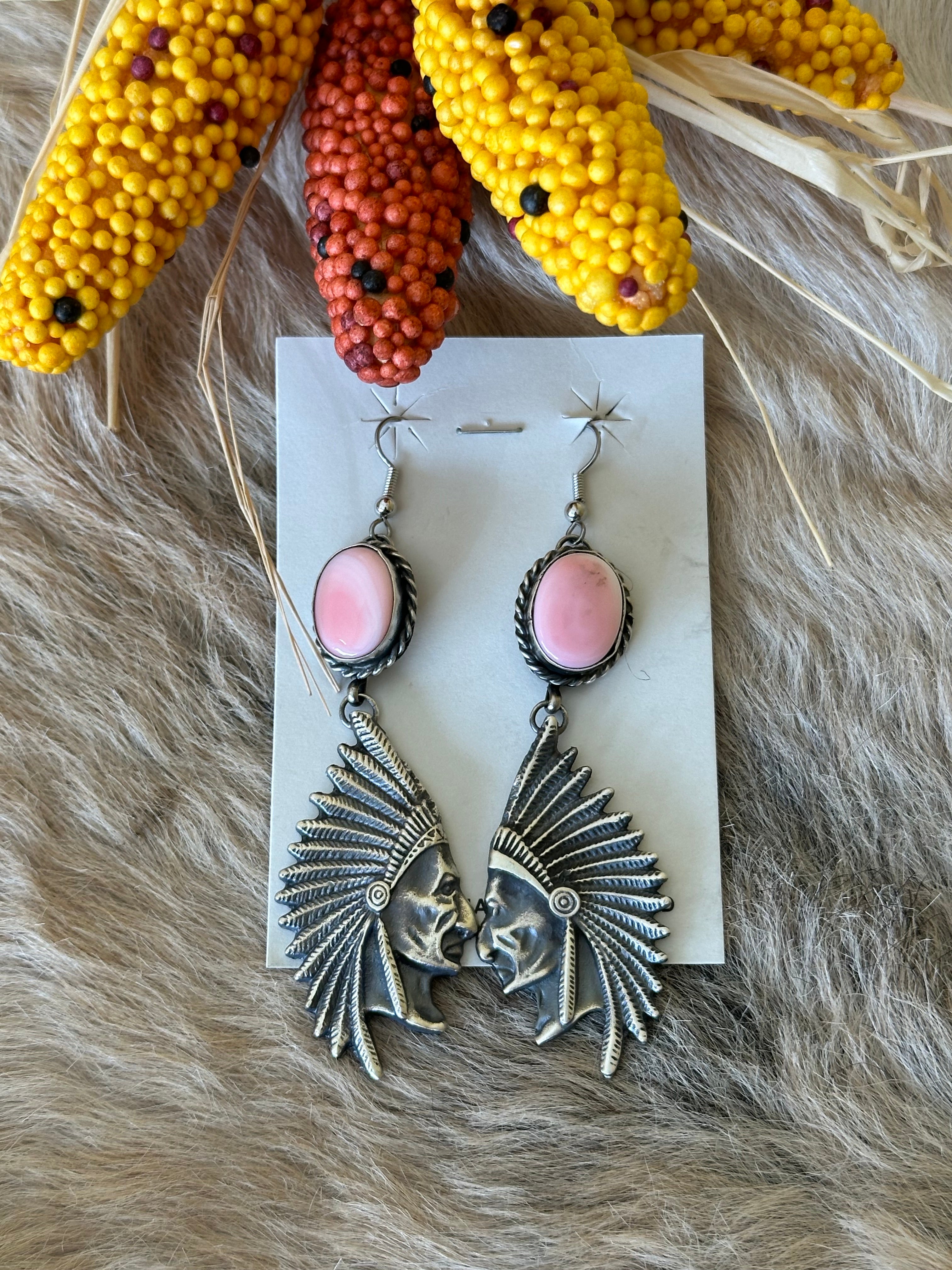 Navajo Handmade Pink Conch & Sterling Silver Dangle Earrings
