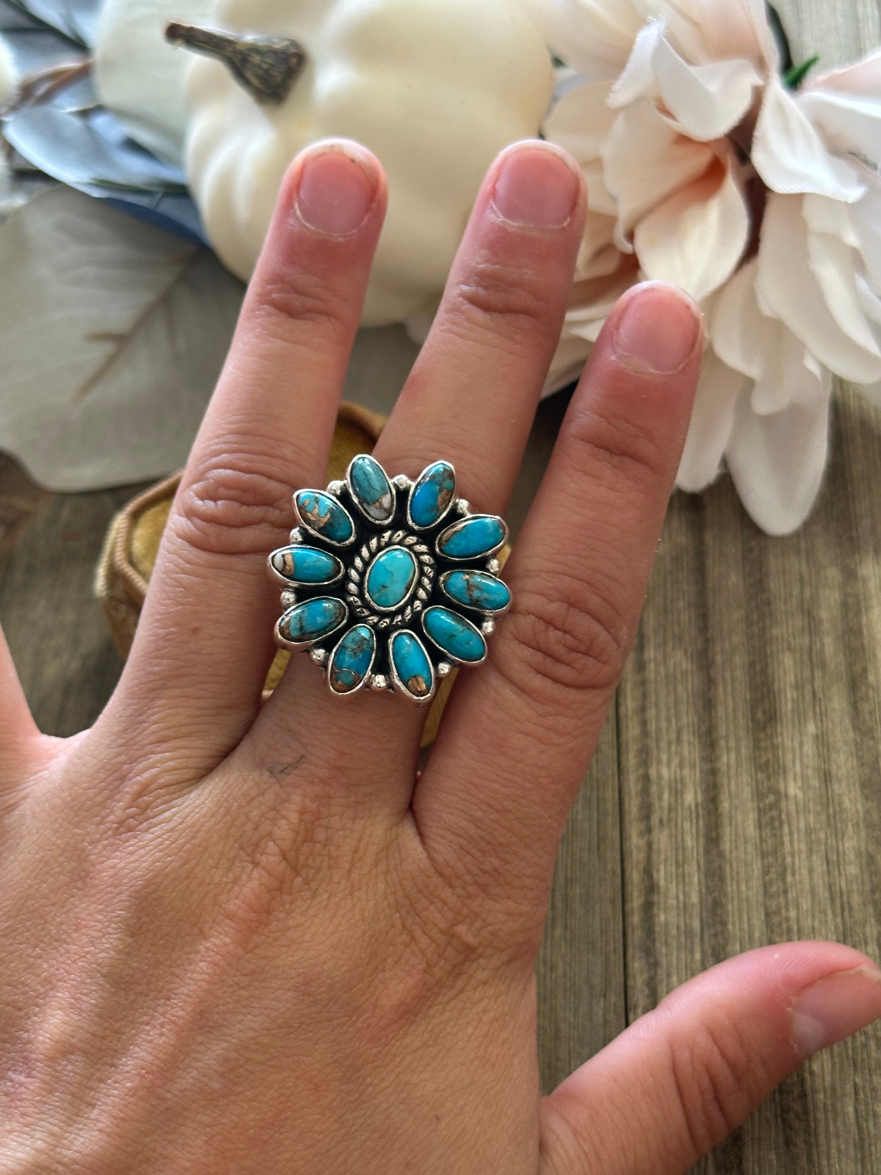 Southwest Handmade Mohave Turquoise & Sterling Silver Adjustable Cluster Ring