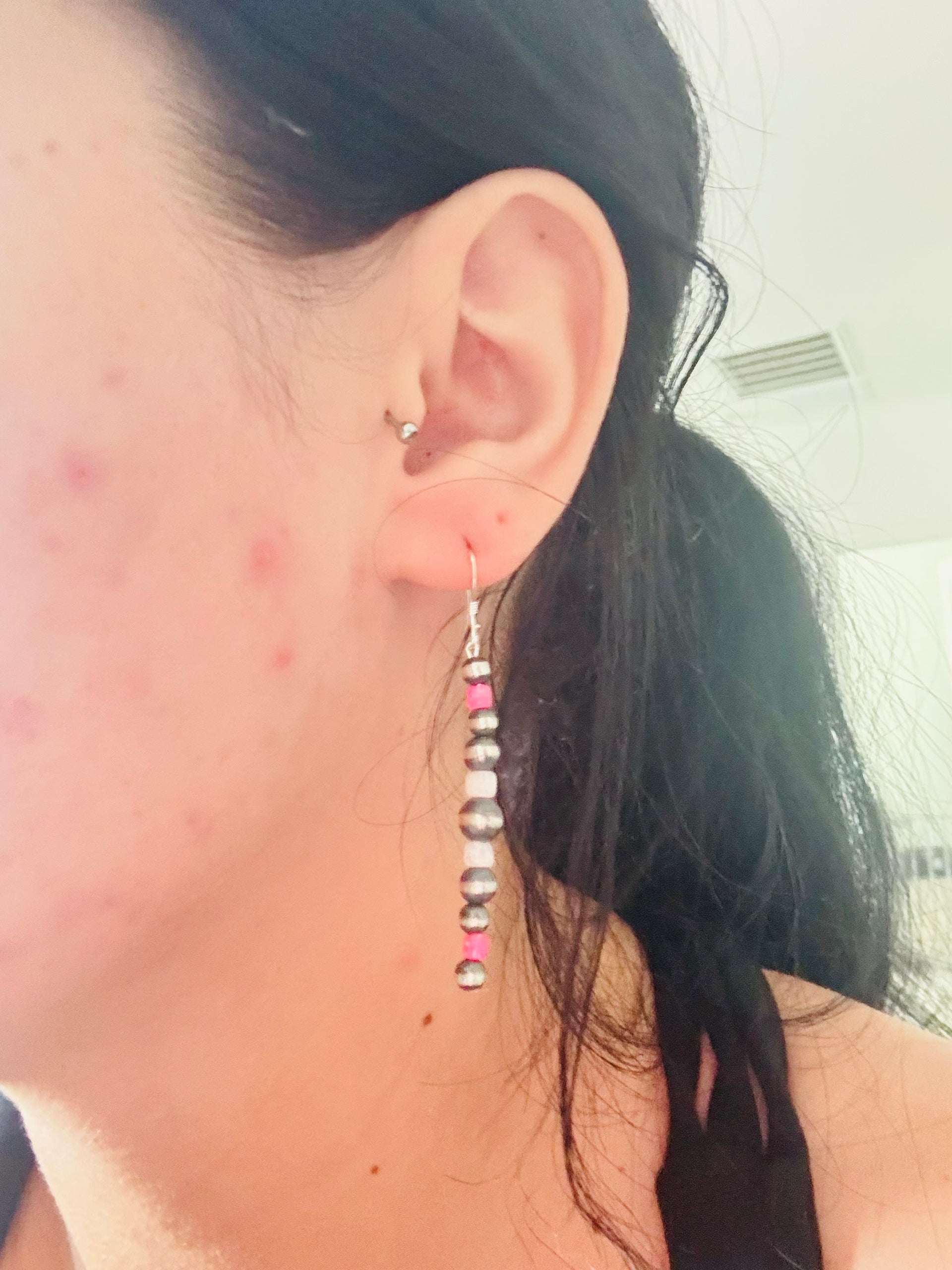 Navajo Strung Opal (Man Made) & Sterling Silver Graduated Pearl Dangle Earrings