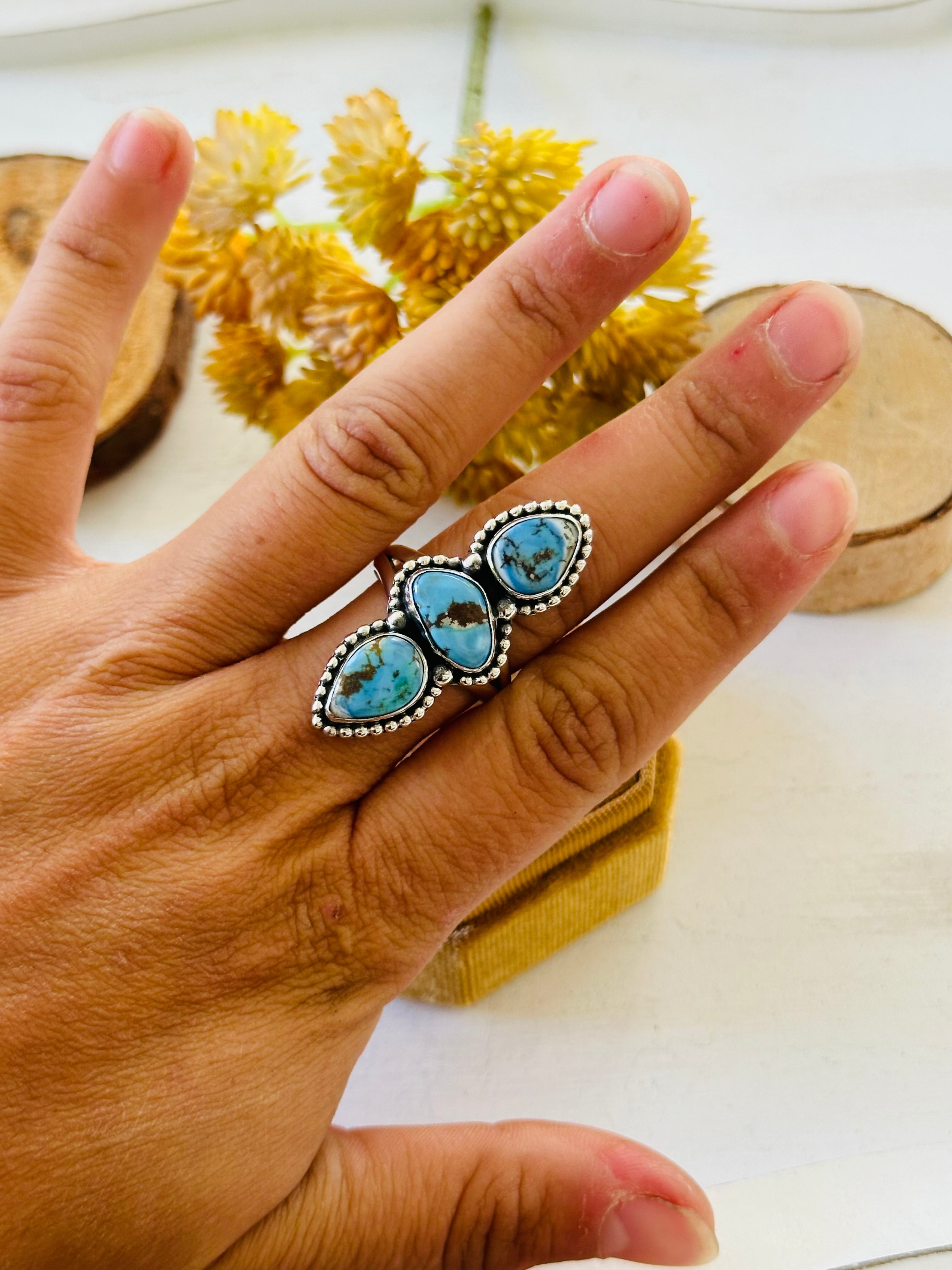 Southwest Handmade Golden Hills Turquoise & Sterling Silver Ring Size 9