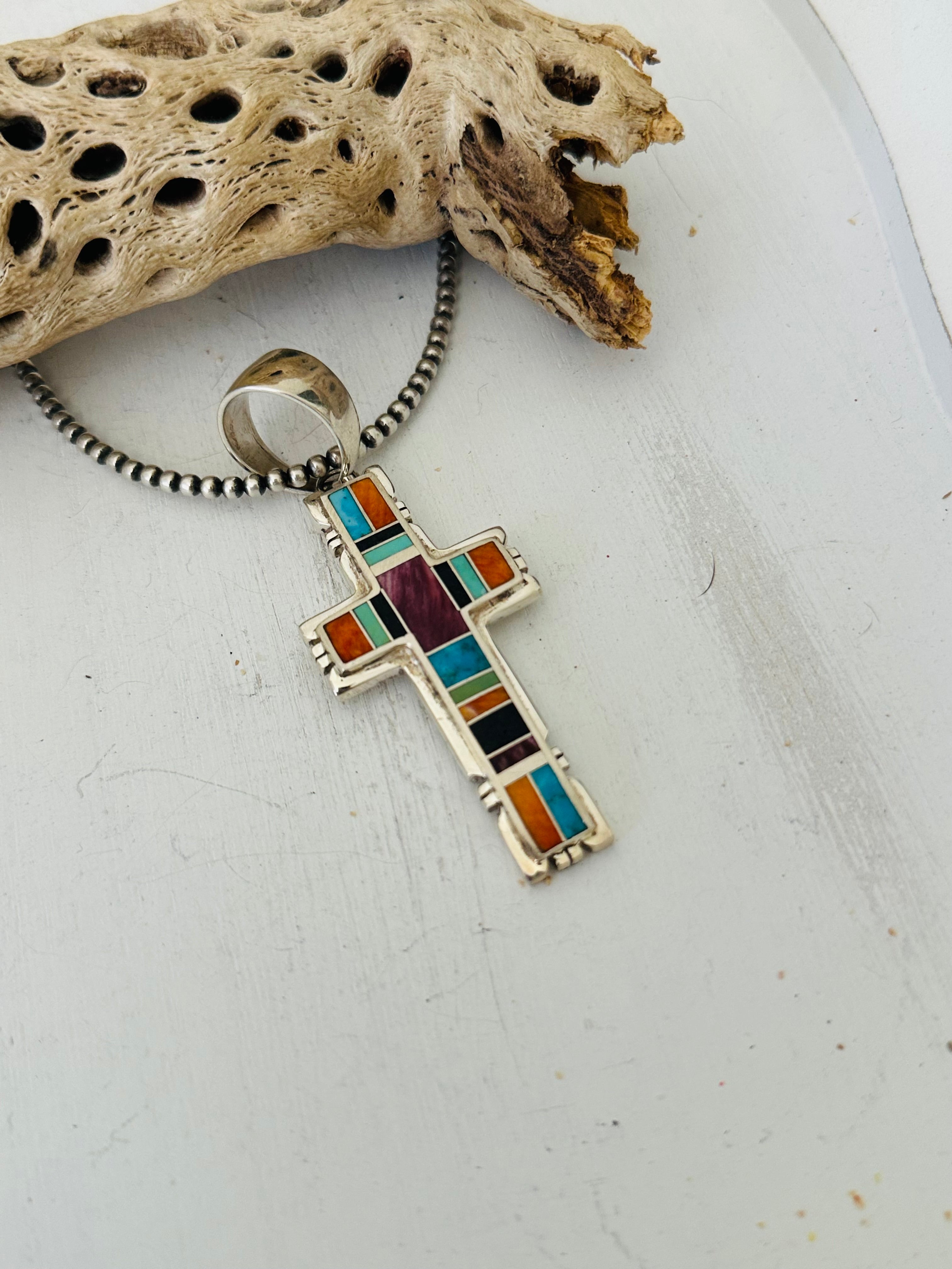 Navajo Made Multi Stone & Sterling Silver Inlay Cross Pendant