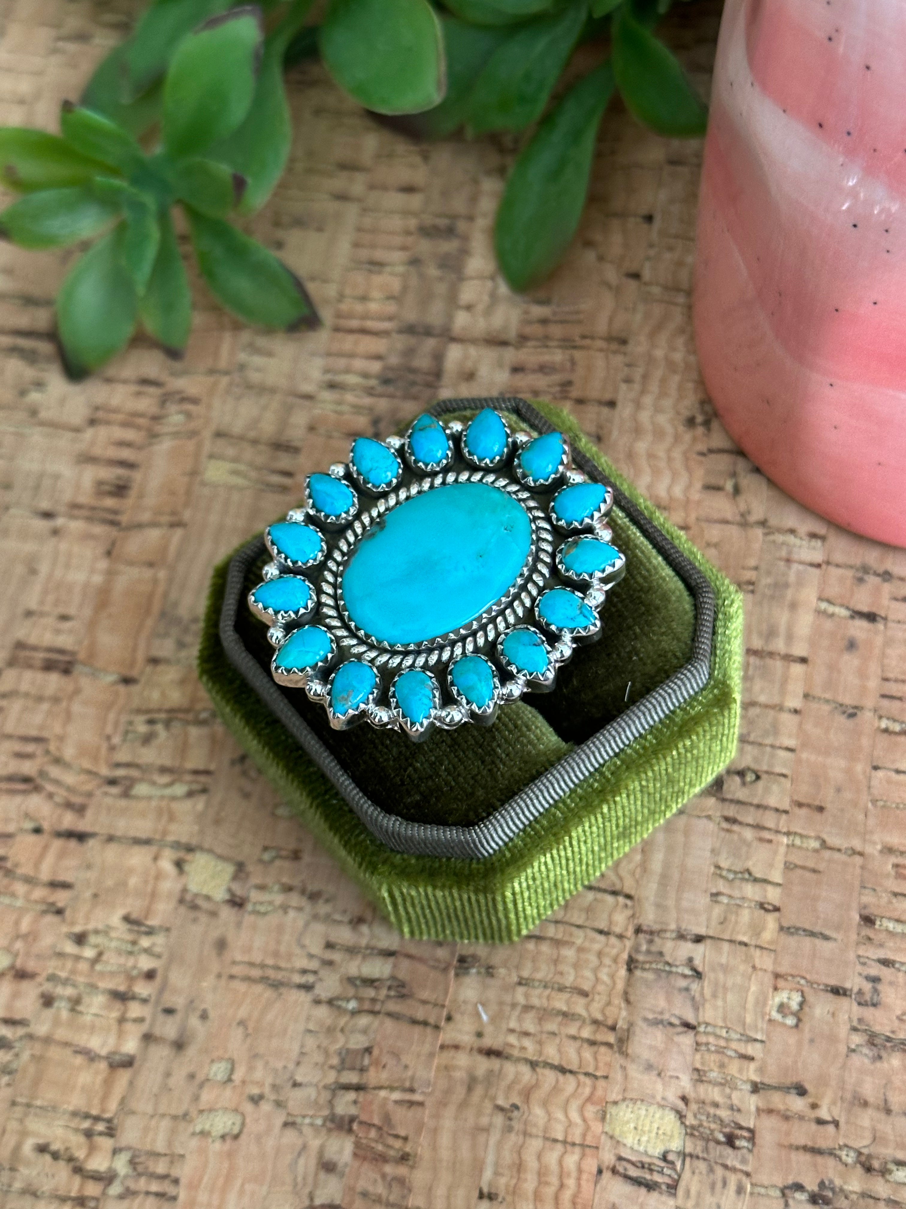 Southwest Handmade Kingman Turquoise & Sterling Silver Adjustable Cluster Ring