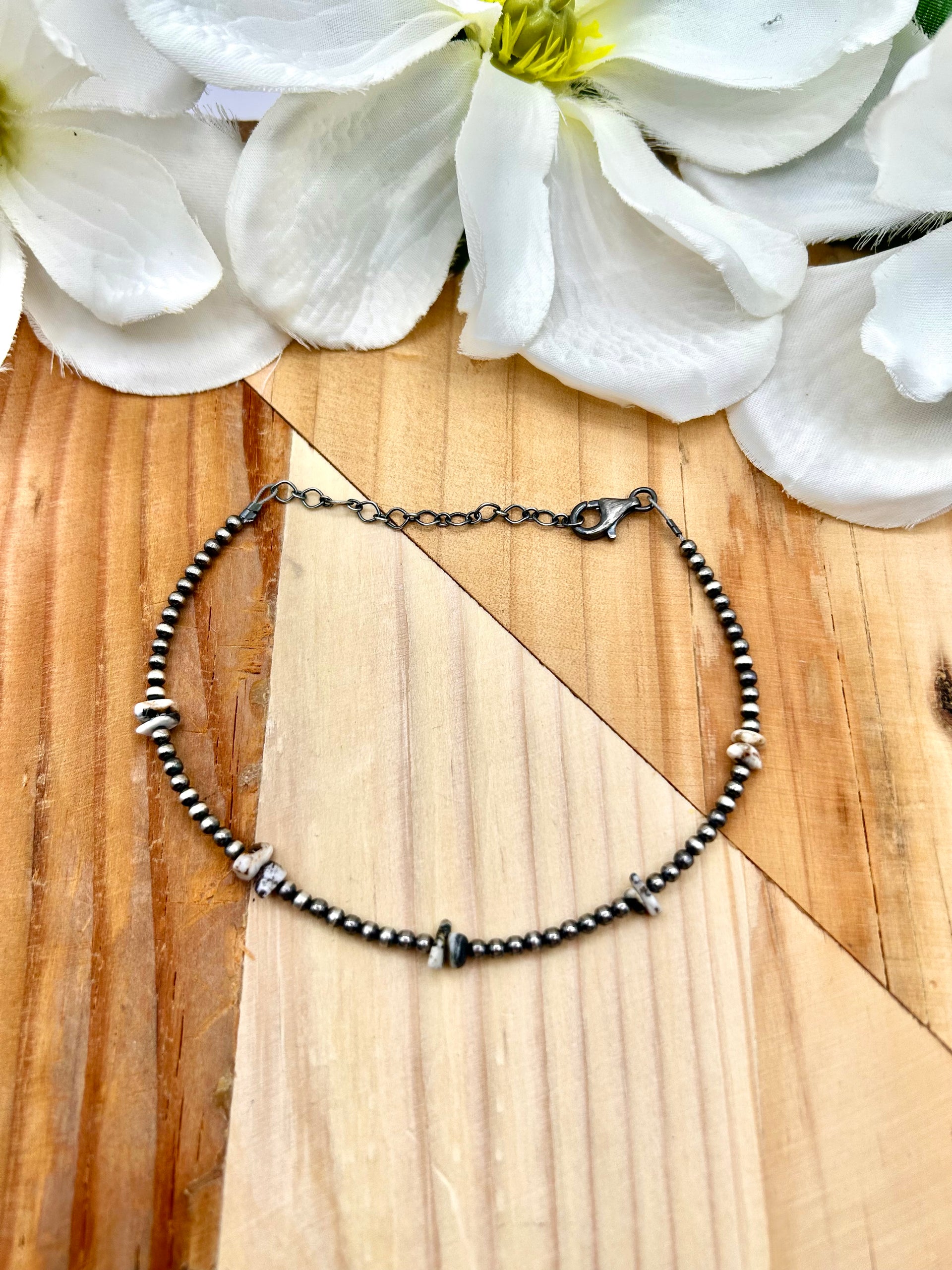 Navajo Made White Buffalo & Sterling Silver Strung Anklet