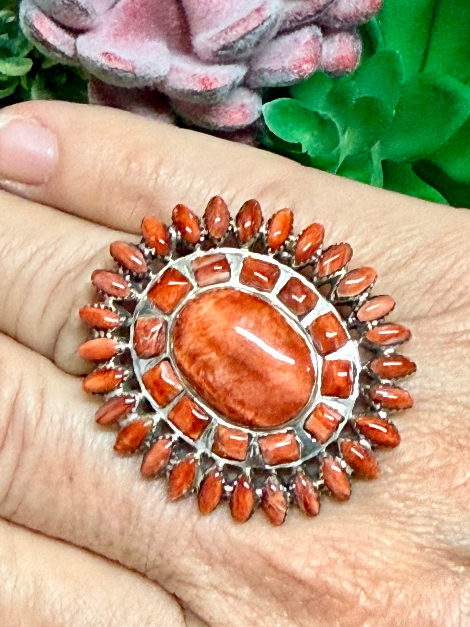 Southwest Red Spiny Oyster & Sterling Silver Adjustable Ring