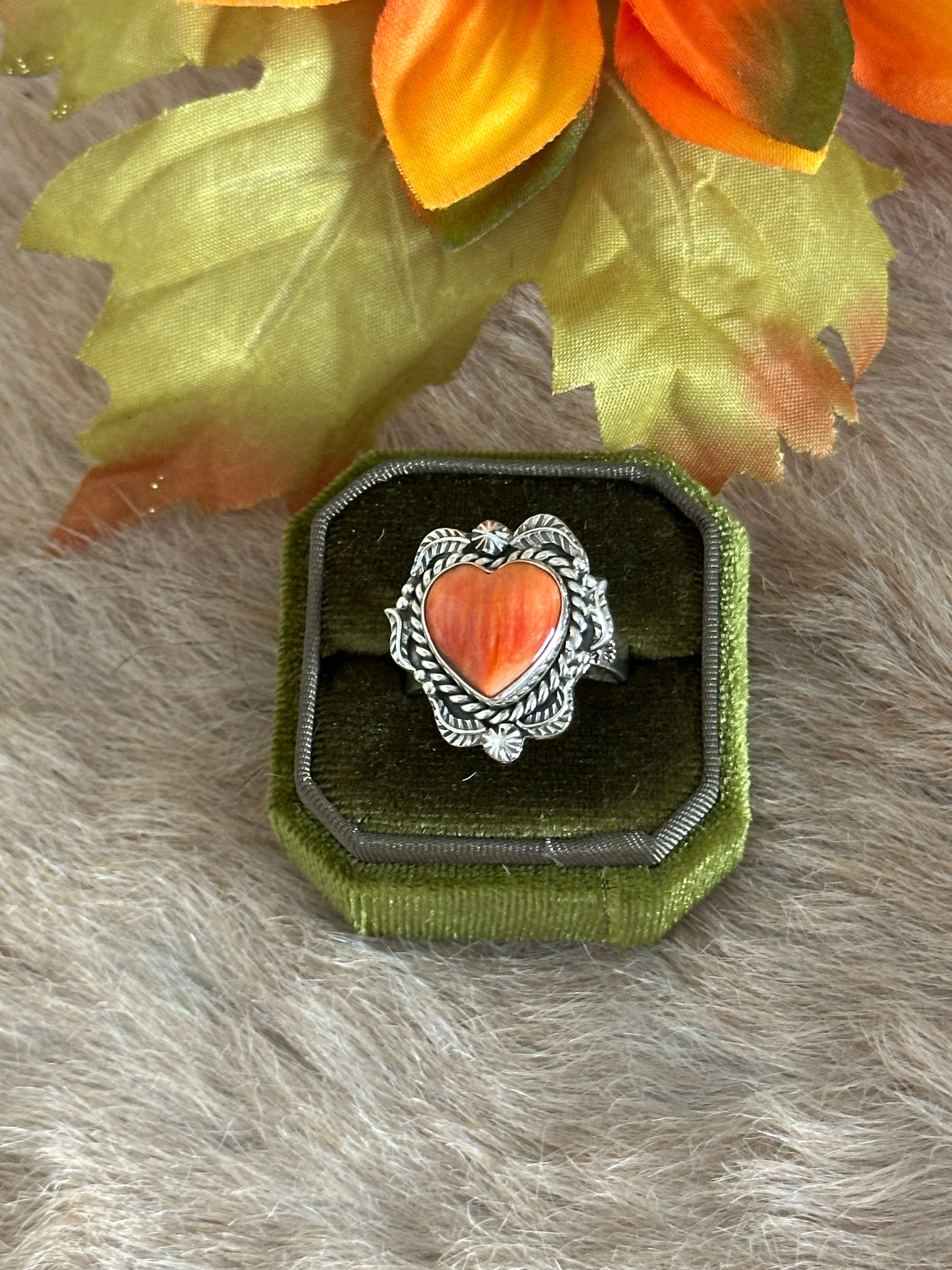 Southwest Handmade Spiny Oyster & Sterling Silver Adjustable Heart Ring