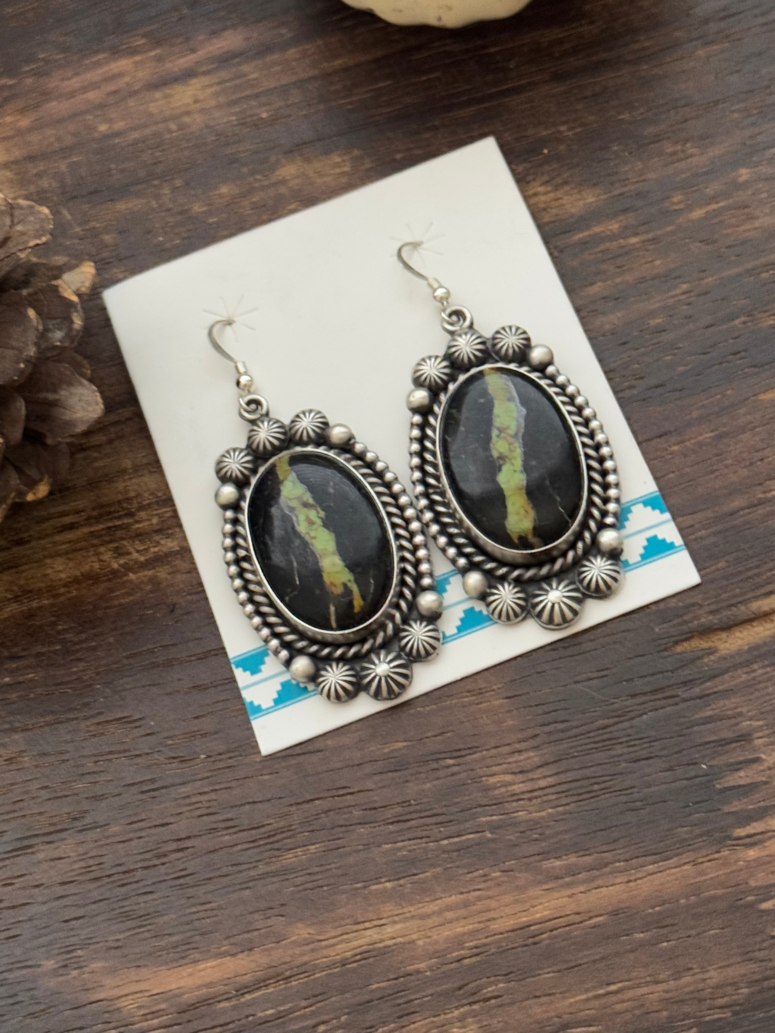 Martha Cayatineto Made Black Jack Turquoise & Sterling Silver Dangle Earrings