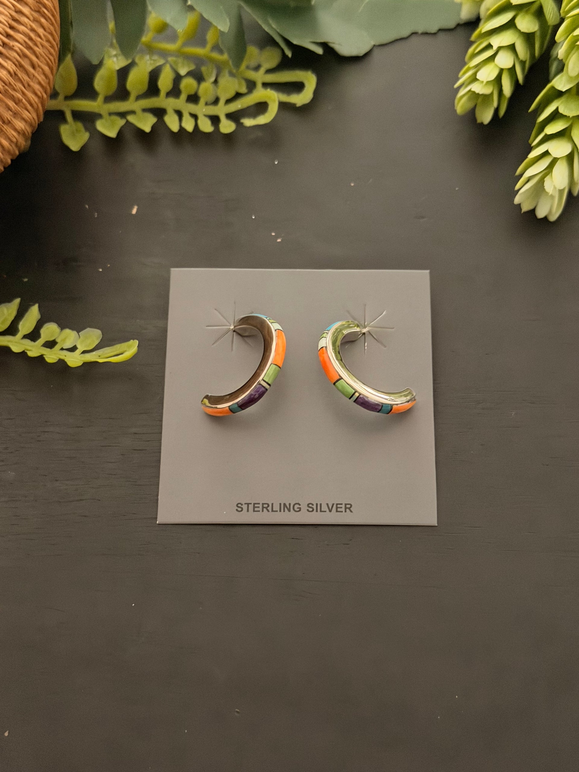 Navajo Made Multi Stone & Sterling Silver Inlay Post Hoop Earrings