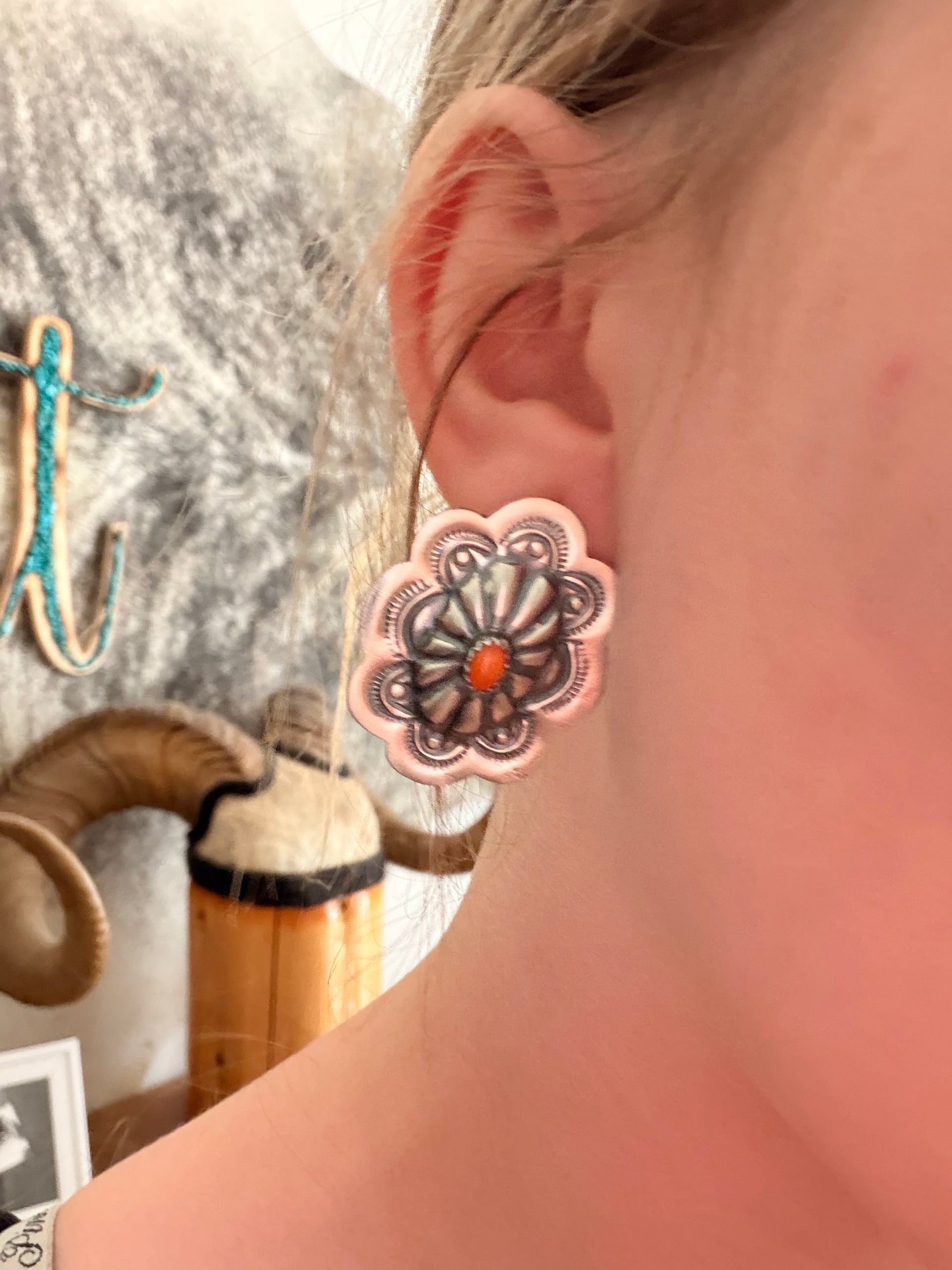 Lavina Benally Spiny Oyster & Sterling Silver Post Concho Earrings