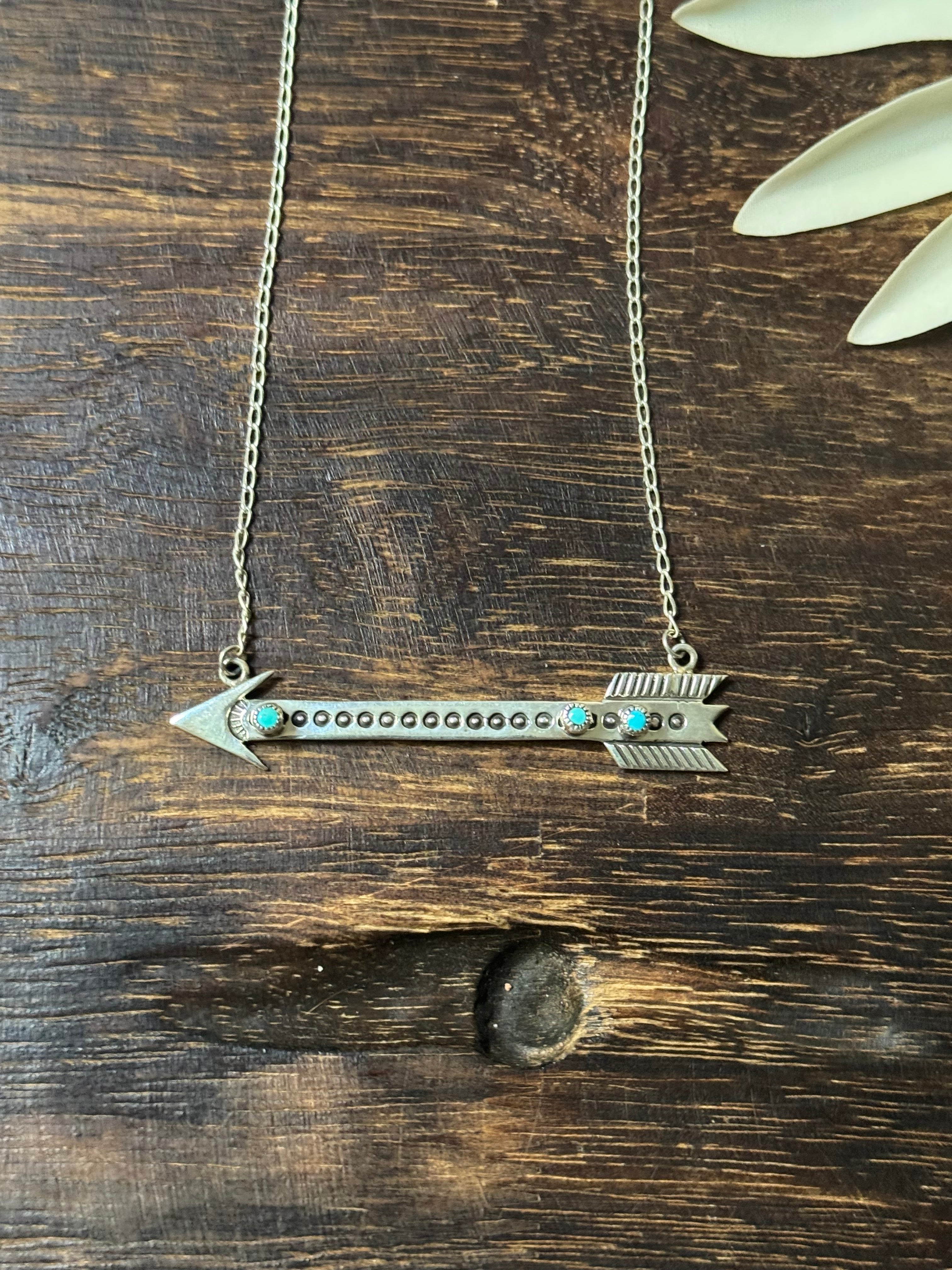 Navajo Made Kingman Turquoise & Sterling Silver Arrow Necklace