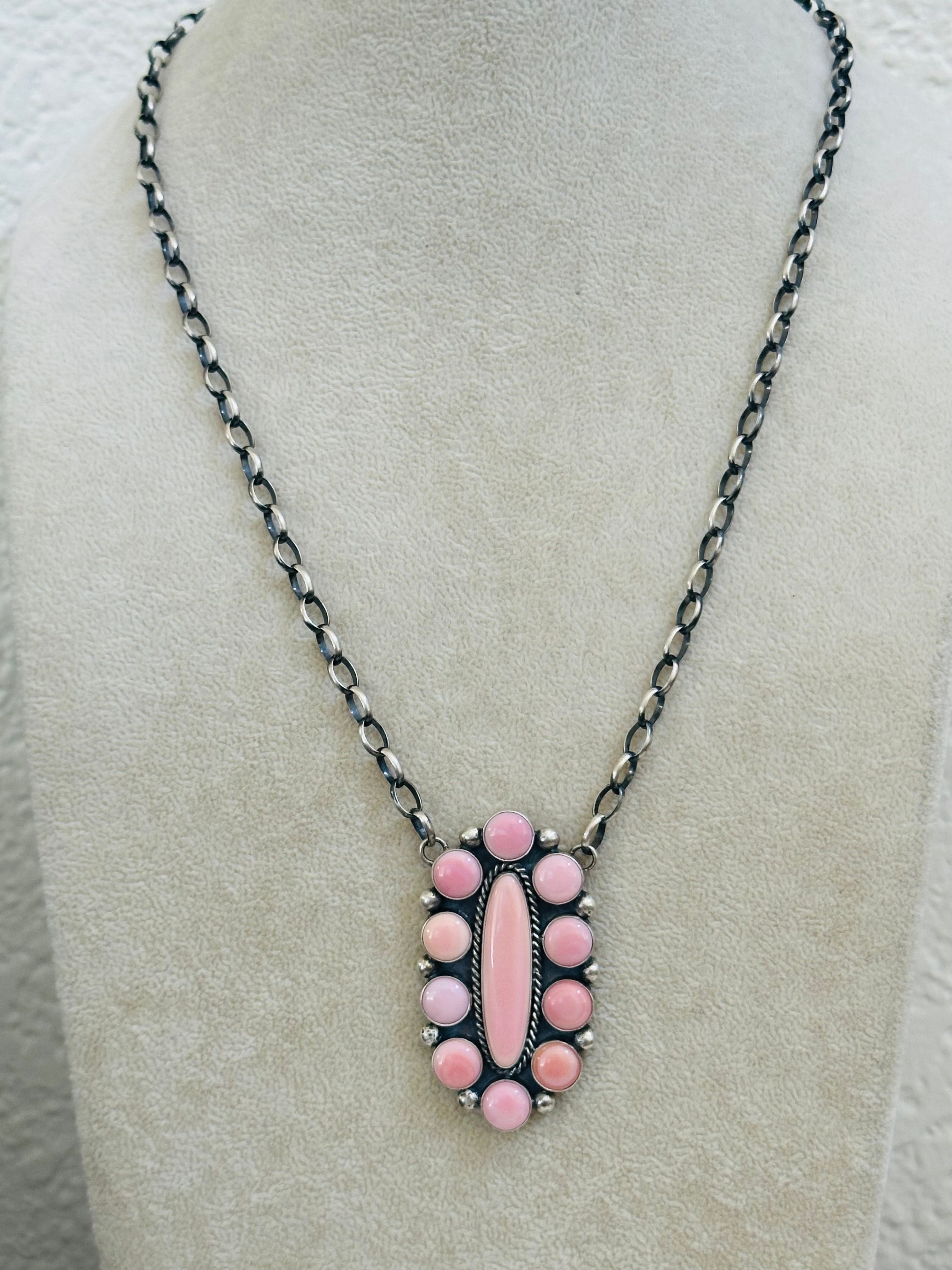 Virginia Sandoval Pink Conch and Sterling Silver Cluster Necklace