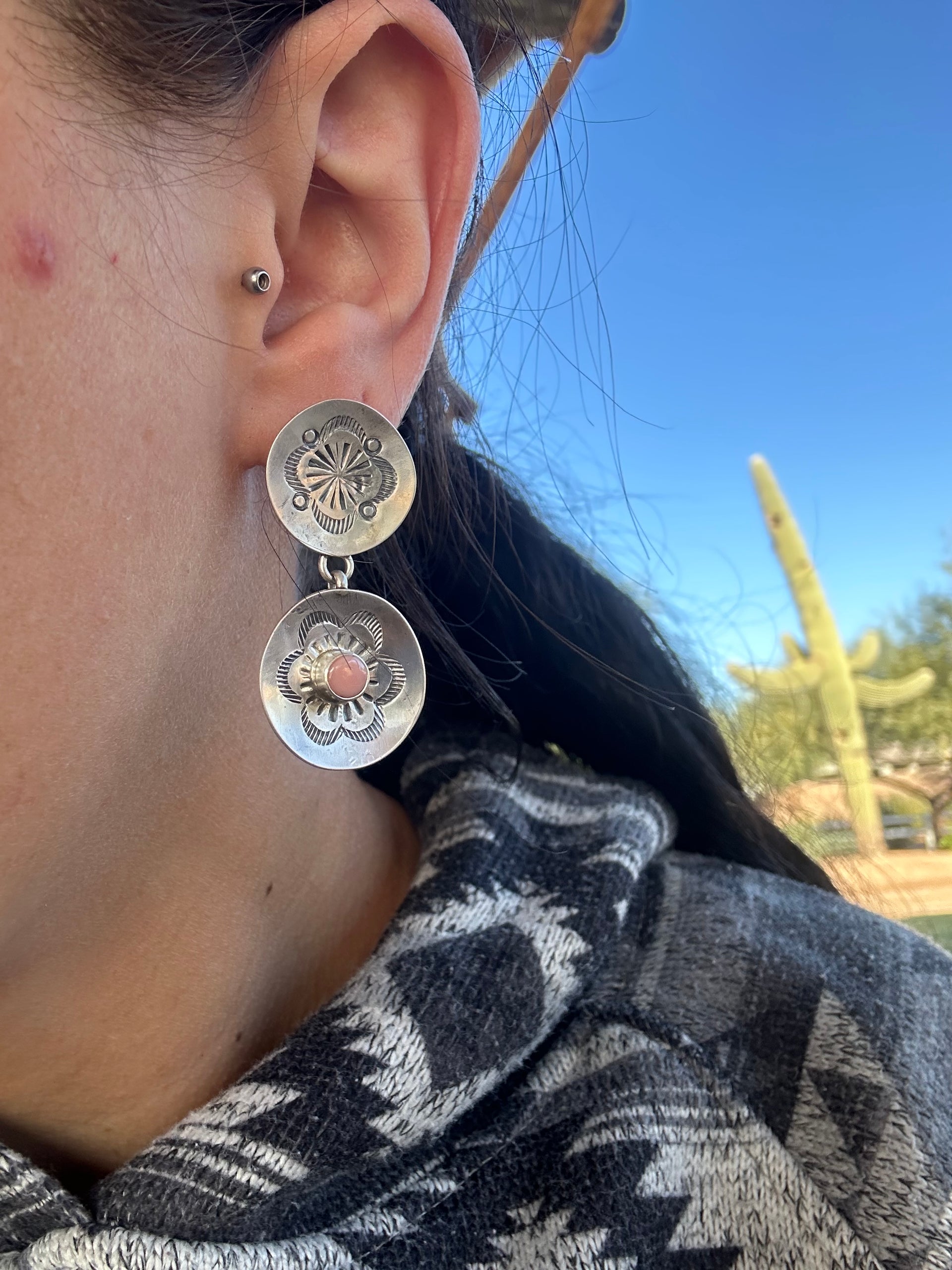 Navajo Made Pink Conch  & Sterling Silver Post Earrings
