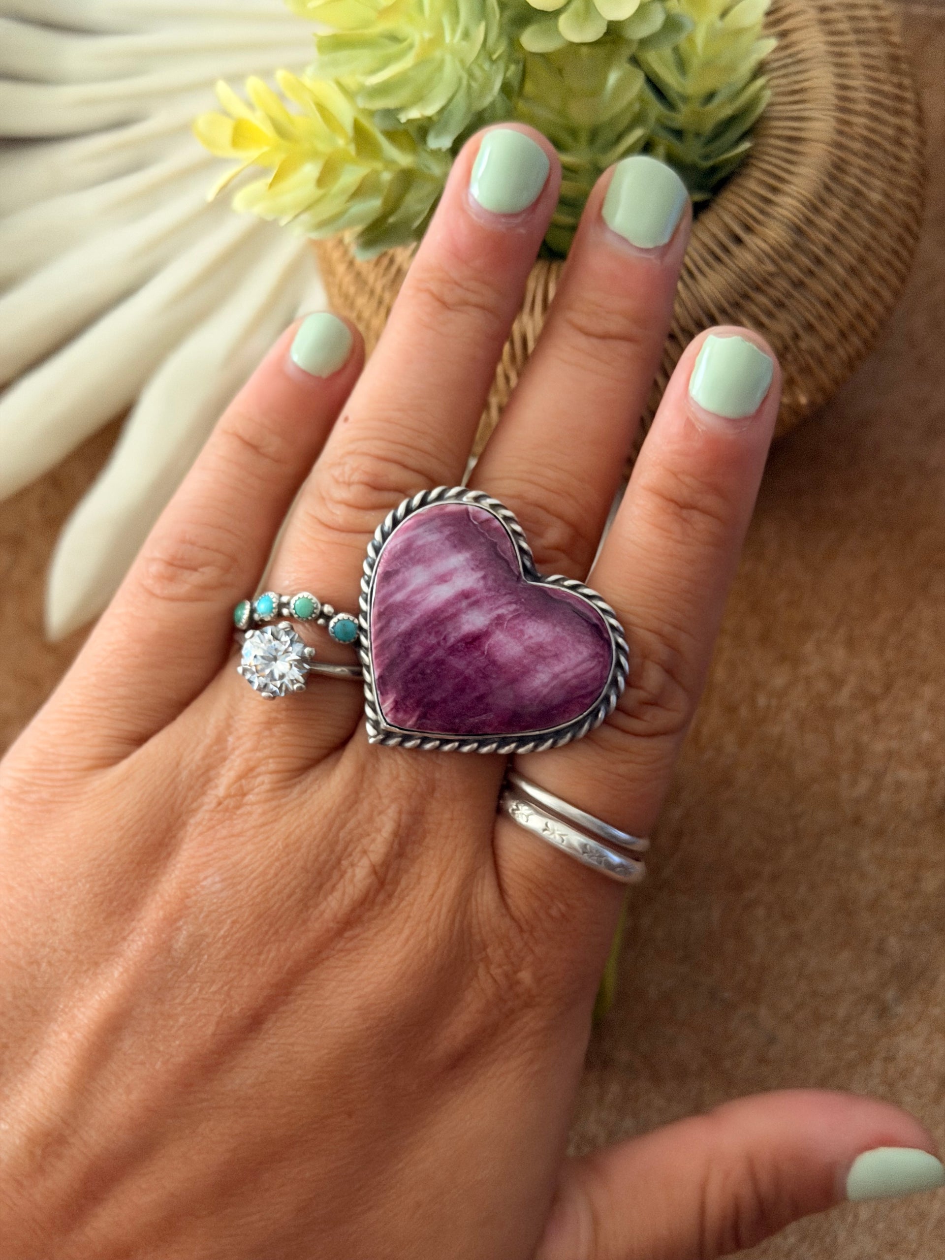 Navajo Made Purple Spiny Oyster & Sterling Silver Adjustable Heart Ring
