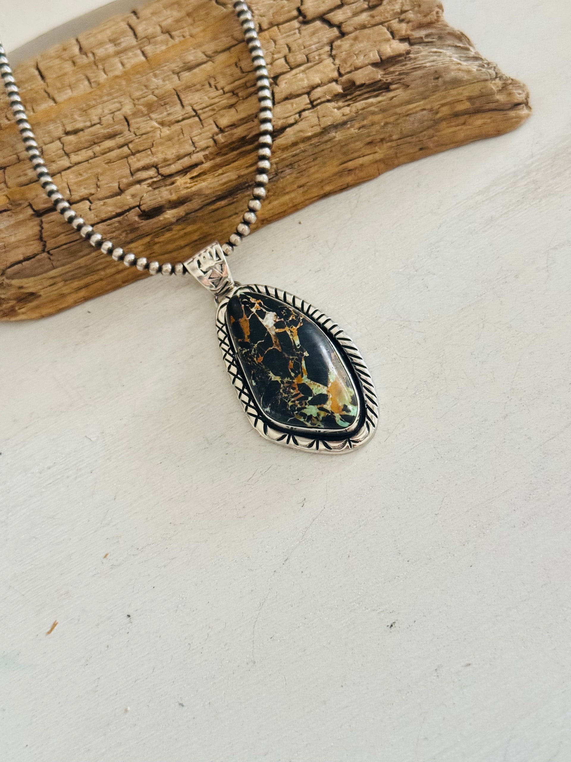 Navajo Made Black Jack Turquoise & Sterling Silver Pendant
